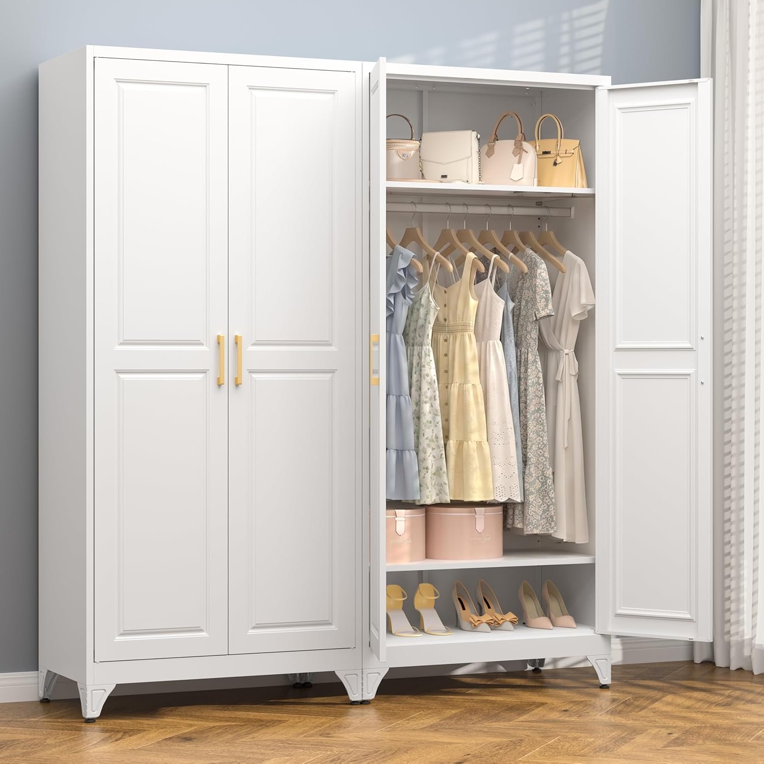 Polup 71″ Metal Armoire Wardrobe Closet with Doors and Adjustable Shelves | Tall Freestanding Wardrobe Cabinet for Clothes, Heavy Duty, Hanging Rod, Bedroom, Office, School, Employee, Garage, White