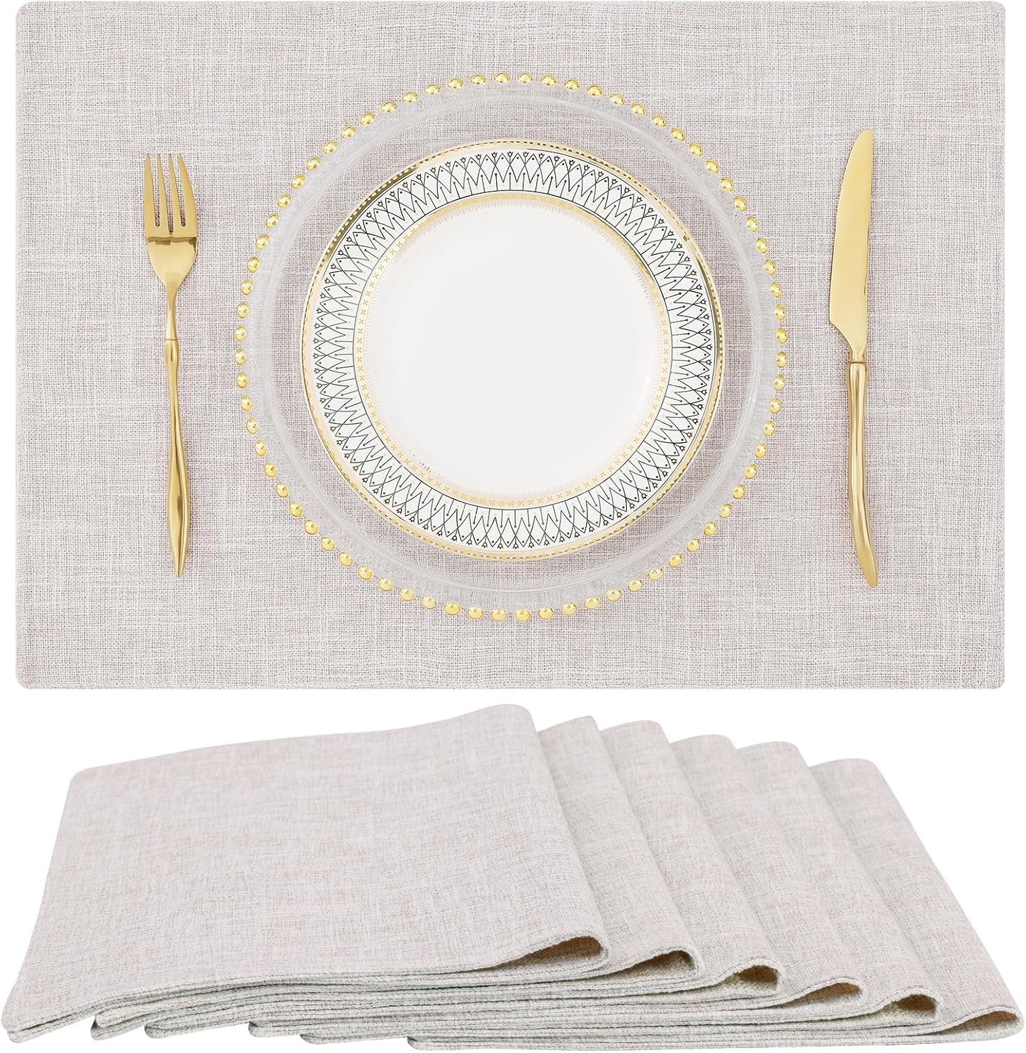 Faux Cotton Linen Placemats Set of 6, Cloth Washable Farmhouse Dining Table Mats for Indoors & Outdoors, Easy to Clean, Neutral Beige, 13 x 19 Inch