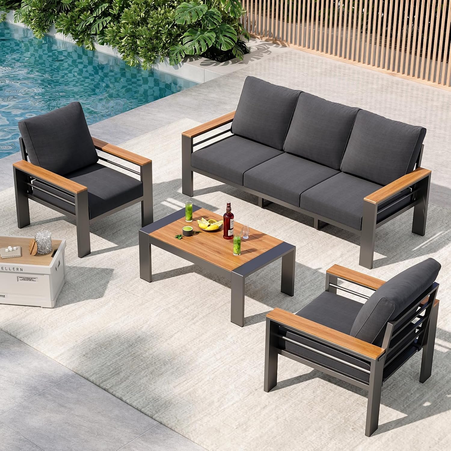 Aoxun Patio Furniture Set, Aluminum Outdoor Furniture with Oversized Seats | All Weather Outdoor Sectional with Washable 5″ Thick Olifen Cushion, Patio Conversation Sets with Coffee Table, 5-Seat