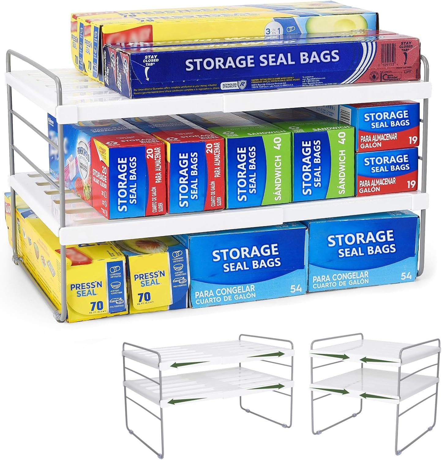 Pantry Organization and Storage for Kitchen – Expandable Kitchen Wrap Box Organizer Rack, Foil Organizer for Cabinet & Counter, Height & Width Adjustable Cupboard Storage Rack – (3 Tier 9.8 to 15.6″L)