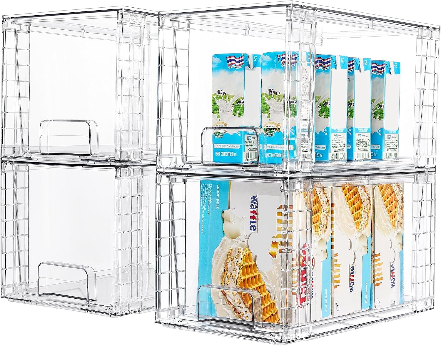 Vtopmart 4 Pack Stackable Clear Pantry Storage Drawers, Large | Large Clear Drawers with Handles. Stackable, Easy to Assemble, Non-slip and Sturdy for Pantry, Kitchen, Cabinet & Bathroom.