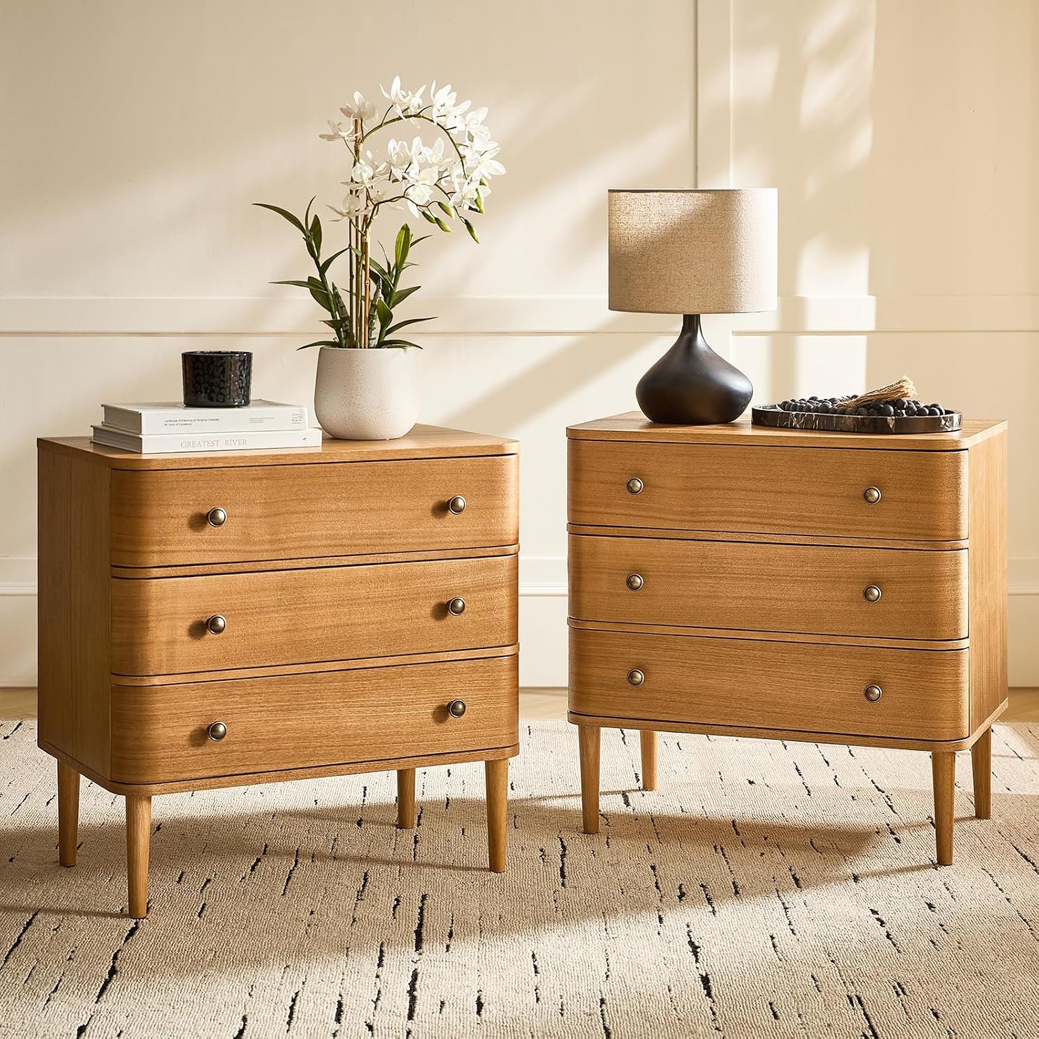 HULALA HOME 3 Drawer End Table with Charge Station, Set of 2, Oak | Curved Profile, Modern Style, Adjustable Feet,Solid Wood Legs