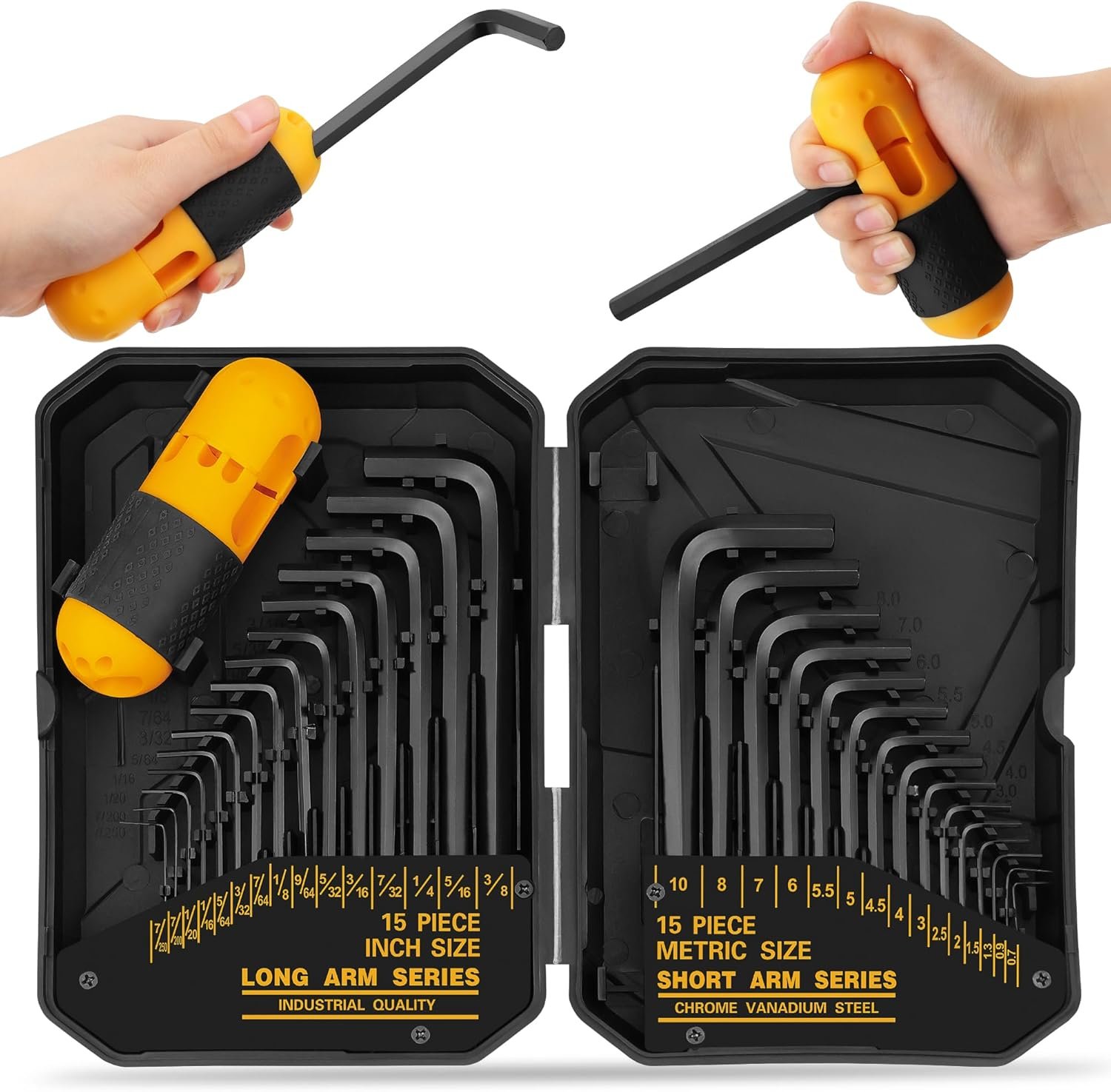 31-Piece Hex Key Set – Allen Wrench Set, SAE and Metric Allen Keys MM(0.7mm-10mm) SAE(0.028″-3/8) Heat-Treated, Torque Handle, High Leverage, Long & Short Keys, Easy Organization