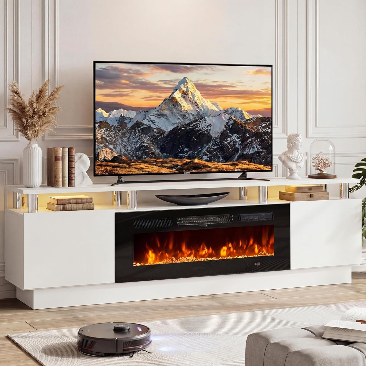 70″ Fireplace TV Stand for TVs UP to 80″, Electric Fireplace Entertainment Center with LED Lights & Storage Cabinets, TV Console for Living Room, Office, White-Black