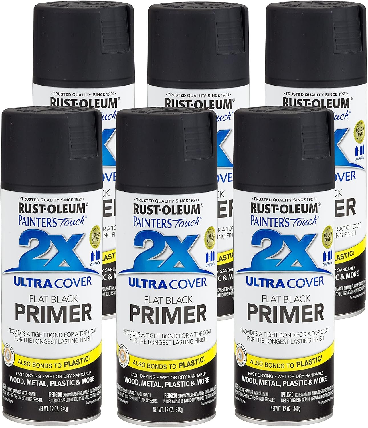 Rust-Oleum Painter’s Touch 2X Ultra Cover Spray Primer, Flat Black | Indoor and Outdoor Surfaces (Metal, Wood, Plastic), Fast Dry, Durable, Sprays from Any Angle, Comfort Tip, Oil Based, 6 Pack