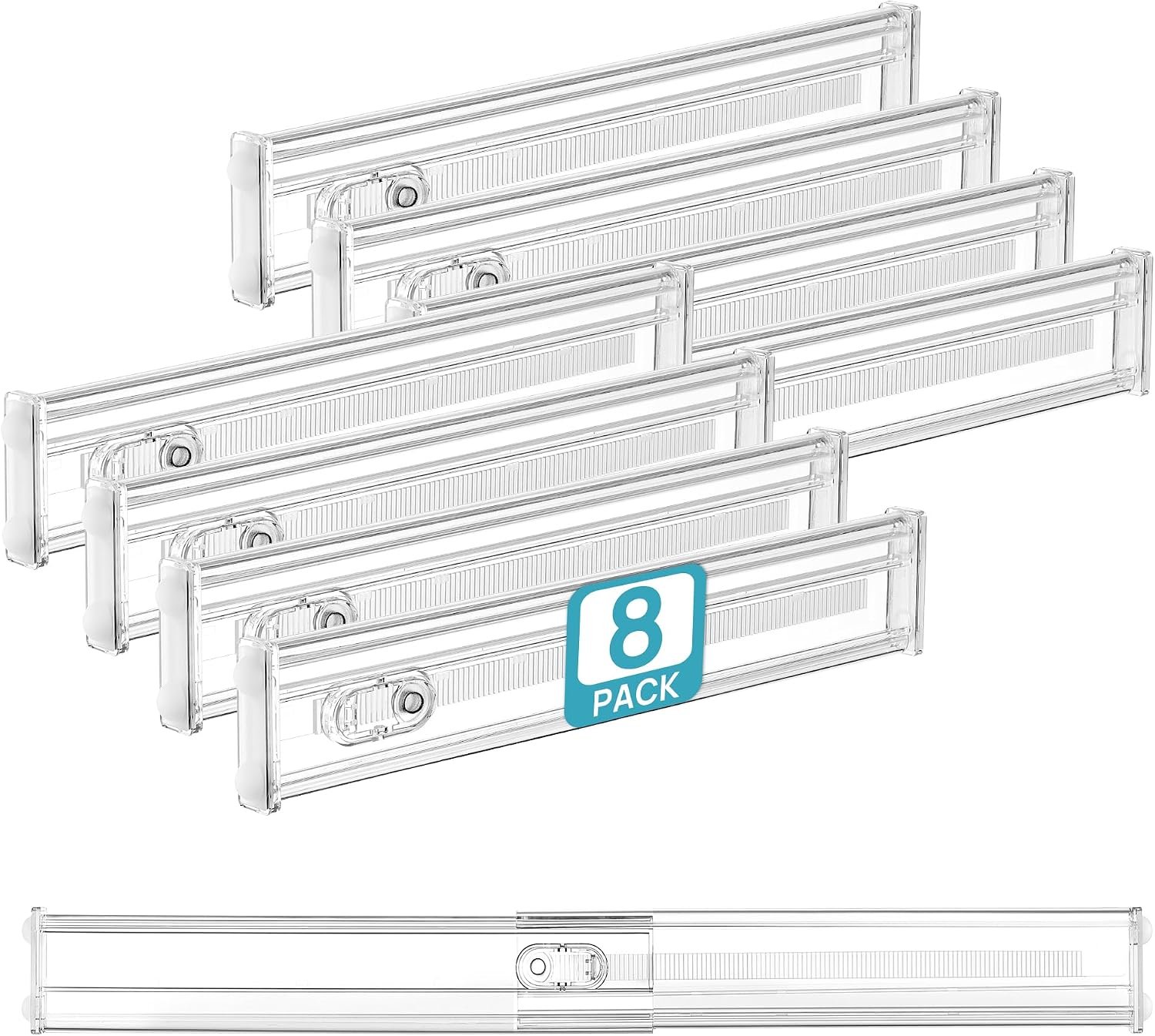 Vtopmart 2.36″ Short Upgrade Drawer Dividers 12.8″-22.3″ Expandable 8 Pack | Adjustable Kitchen Drawer Organizer, Clear Plastic Separator for Flatware, Utensils, Cutlery, Underwear Storage, Space Saving