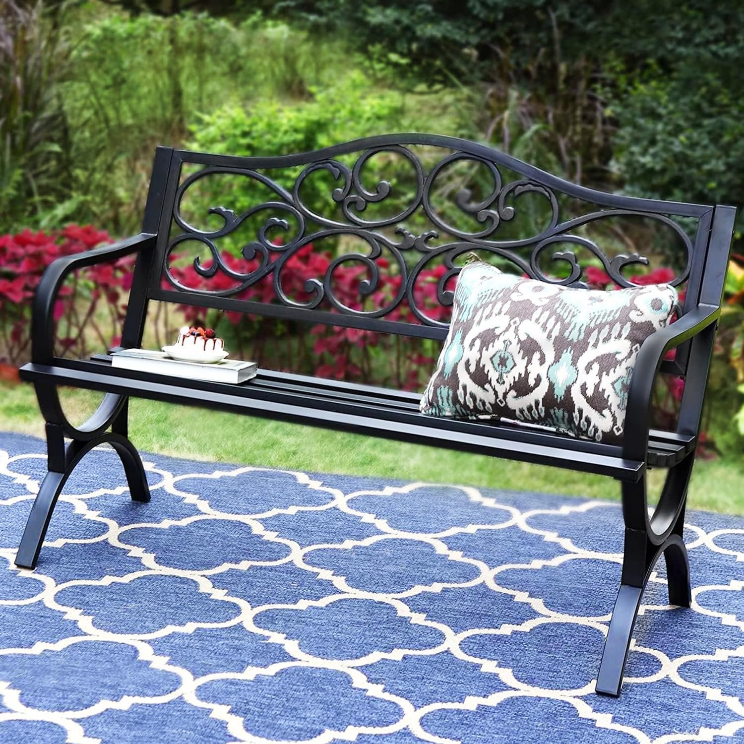 PHI VILLA 50 Inches Cast Iron Steel Frame Outdoor Garden Bench, Black | E-coating Floral Design Backrest, Slatted Seat, Weatherproof Patio Bench Furniture Chair for Front Door, Park, Yard and Porch