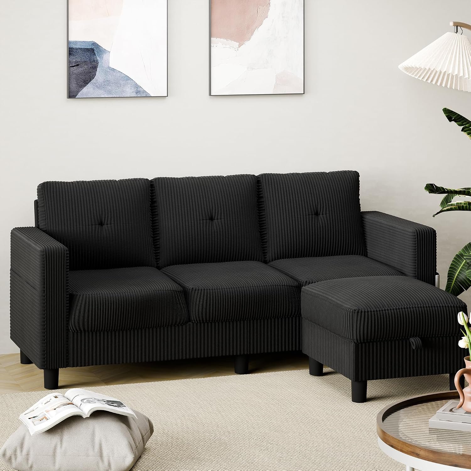 Shintenchi Modern Upholstered Sectional Sofa, L-Shaped Couch with Storage Ottoman and Reversible Chaise for Living Room, Carbon Black Corduroy Fabric