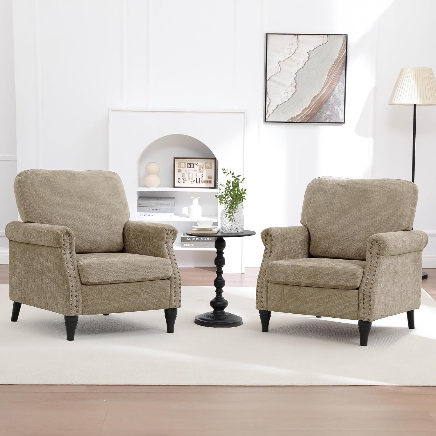 Accent Chair for Living Room, Modern Mid Century Reading Chair Armchair High Back Upholstered Armchair with Wooden Legs for Living Room Bedroom Office (Brown, 2pcs)