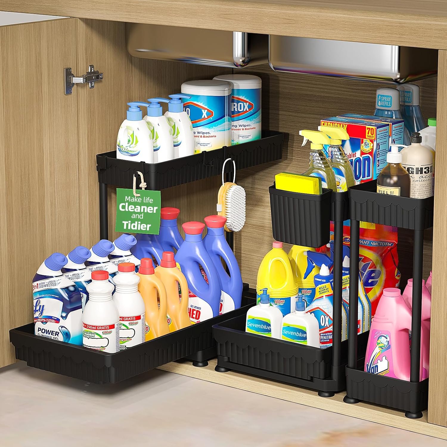 3-Pack 2-Tier L-Shaped Under Sink Organizers with Sliding Drawers | Multi-use kitchen & bathroom storage, 12.85 inch black cabinet organizer, space-saving sliding drawer design.