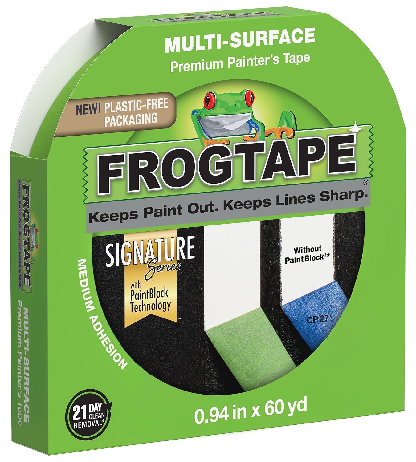 FrogTape Multi-Surface Painter’s Tape with PAINTBLOCK, 1 in Wide (0.94 in x 60 yd), Quick Stick Medium Adhesion, Premium Green Painters Tape Removes Clean, 1 Roll