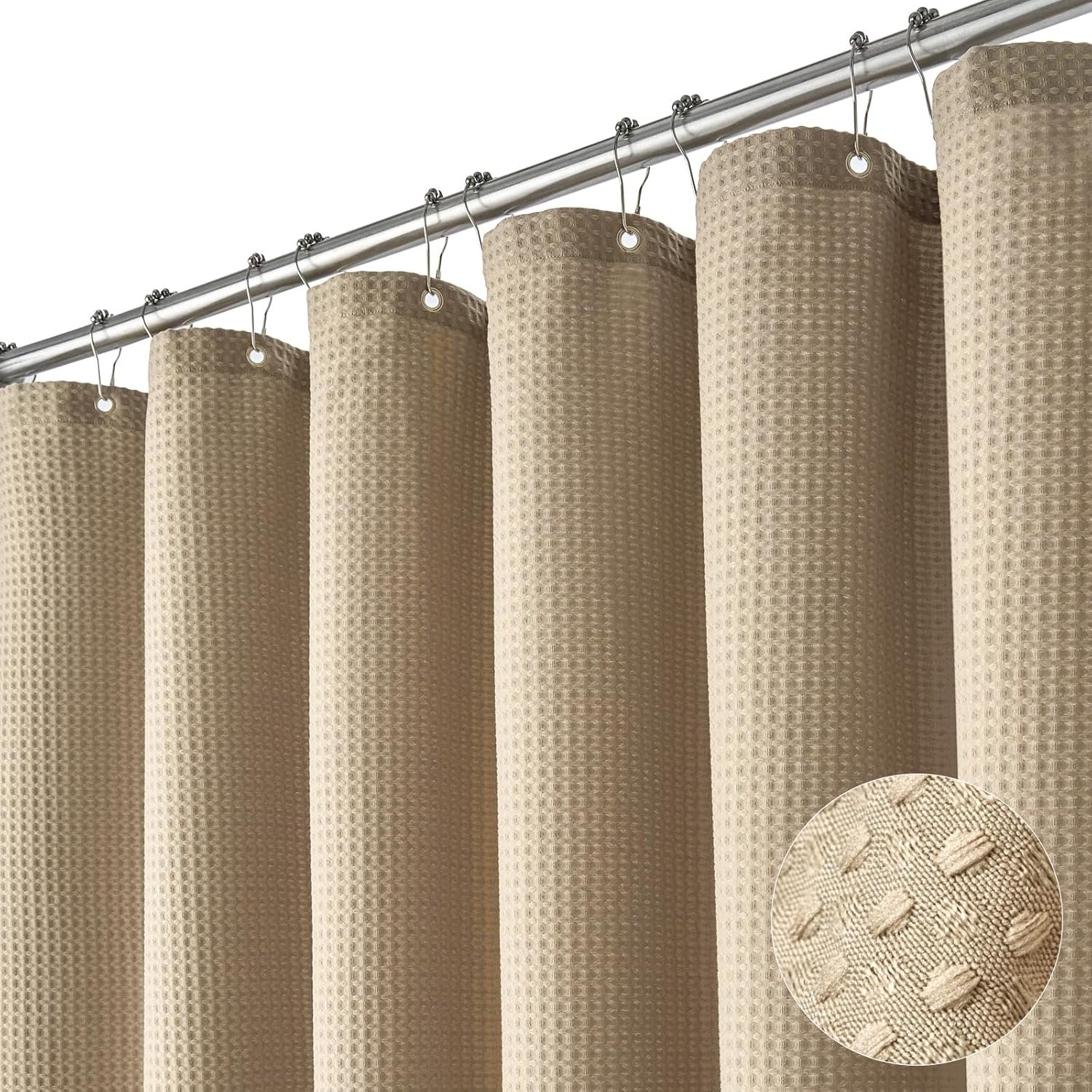 Waffle Shower Curtain 256 GSM Heavy Duty Fabric 72×72 Beige/Khaki | Thick Textured Cloth, Weighted Hem, Water Repellent Washable, Hotel Luxury Polyester Shower Curtain Set for Bathroom 12 Hooks