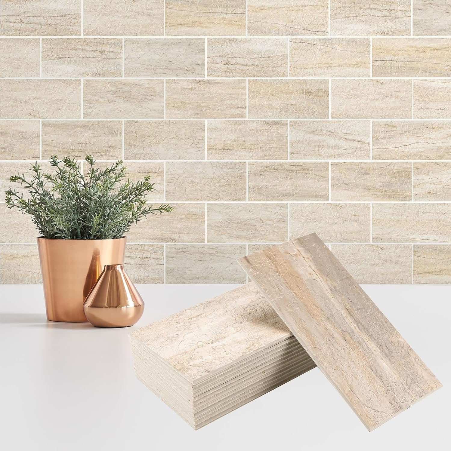 StyloVue 100 Pieces Peel and Stick Backsplash for Kitchen, 3″ x 6″ PVC Subway Tile Upgraded Grayish Beige with Gray Grout Backsplash Stick on Tile Elevate Kitchen, Bathroom, Fireplace,RV
