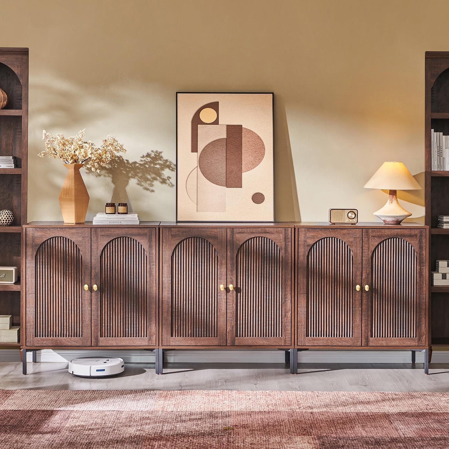 IFGET 92.63″ W Modern Arched Sideboard Buffet Cabinet with Storage, Brown | Fluted Arch Sideboard Cabinet w/Adjustable Shelves, Wooden Modular Kitchen Cabinet for Dining& Living Room, Entryway