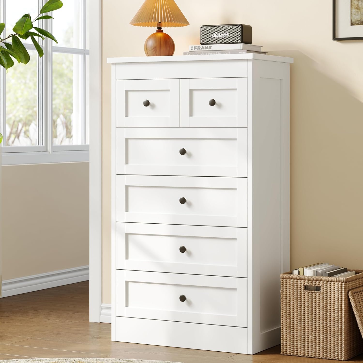 wanan Tall 6 Drawer Dresser for Bedroom, White Modern 43.3” Tall Wood Chest of Drawers, Storage Organizer with Smooth Metal Rails & Anti-Tip Kit for Closet, Hallway, Living Room