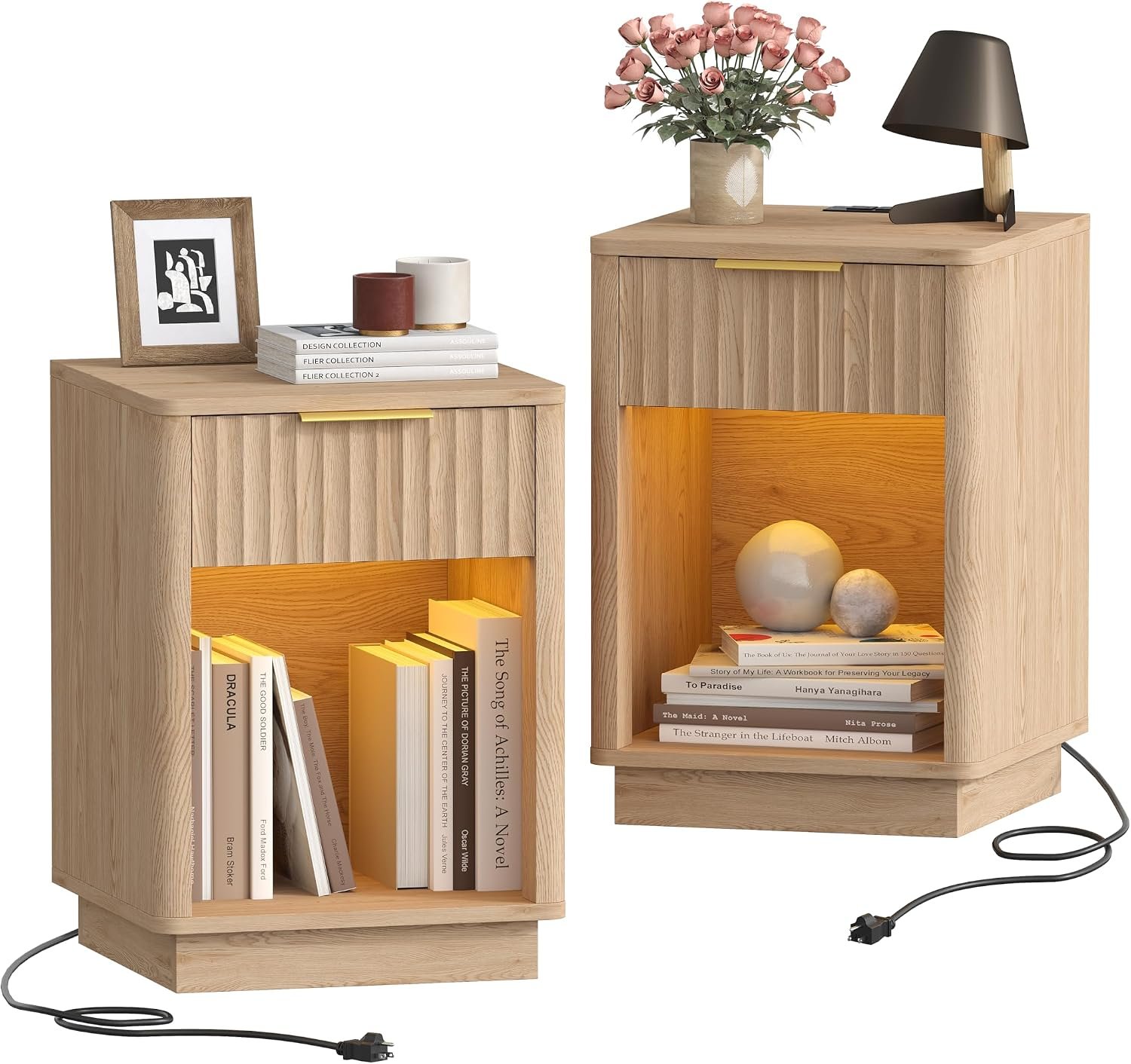 Akxomel Fluted Nightstand Set 2 Bedside Table with Charging Station Oak | Wooden Side Table with LED Light, Modern Mid Century End Table with Drawer, 15″ D x 15.7″ W x 22.6″ H, for Bedroom
