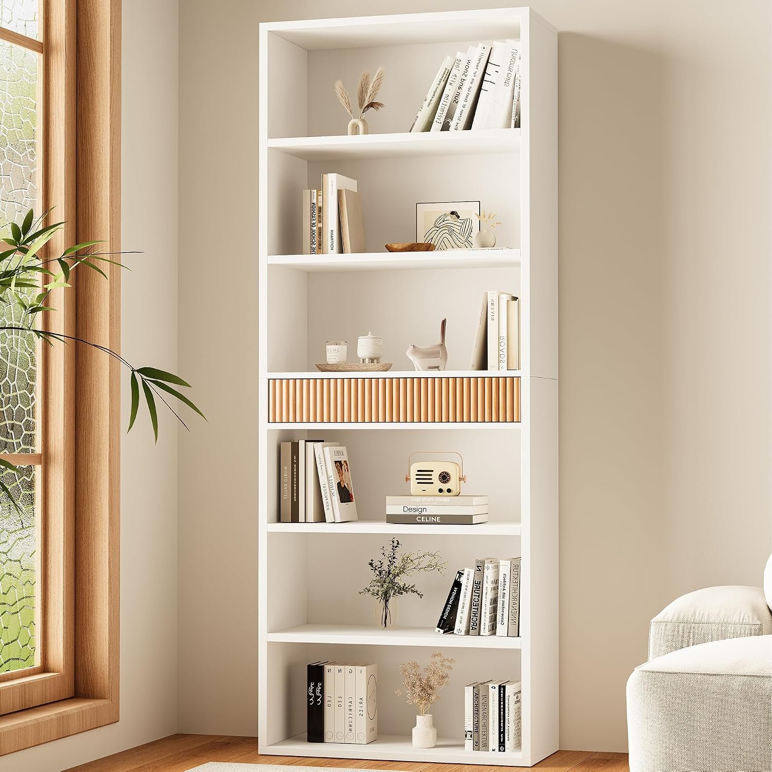 72″ Tall Bookshelf with Storage, 7-Tier Bookcase Fluted with Drawer, Display Book Shelf Book Organizer with Anti-tip Device, Home Decor Wood Furniture for Bedroom, Living Room and Office, White