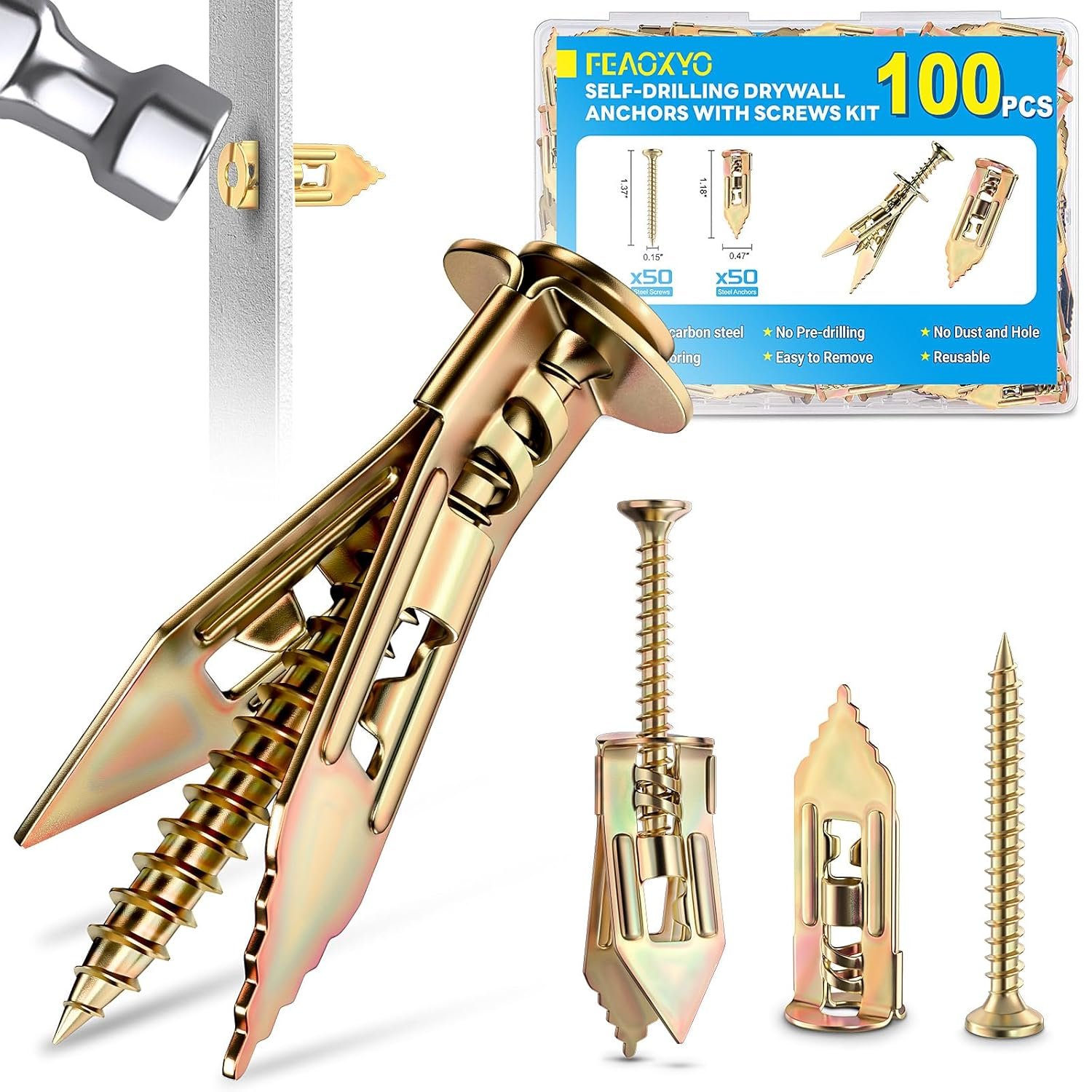 100 PCS Self Drilling Drywall Anchors with Screws Kit, Zinc Plated | Wall Anchors Provide Secure Installation for Sheetrock Projects, Ideal for Shelves, Mirrors, Picture Frames and Home Decor