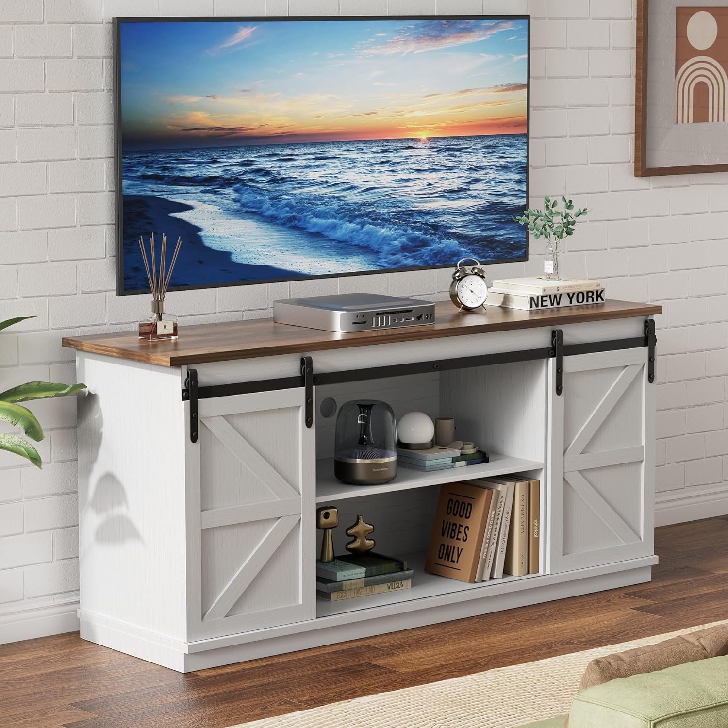 YESHOMY 58″ Farmhouse TV Stand for TVs up to 65″, Sliding Barn Doors, White | Entertainment Center, Storage Cabinets, Media Console for Living Room and Bedroom