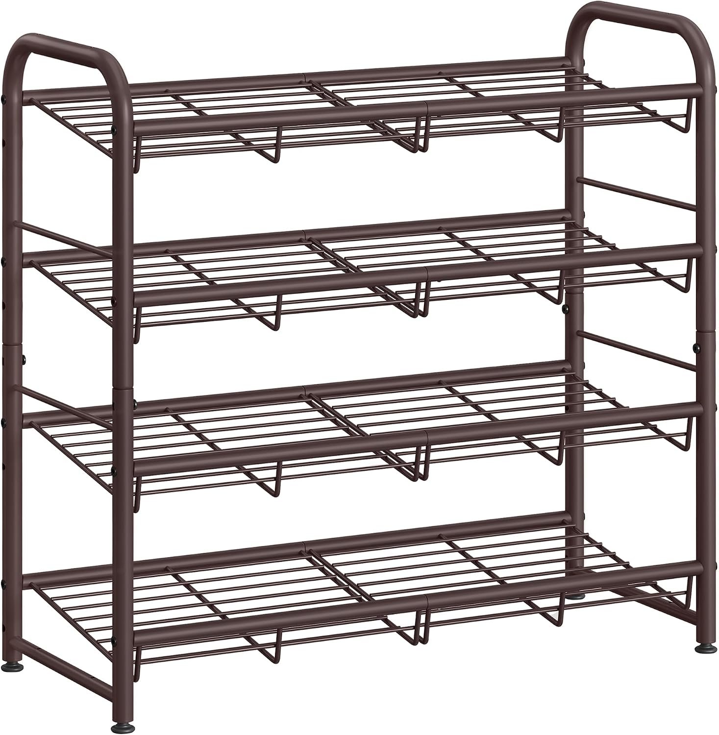 SONGMICS Stackable Shoe Rack, 4 Tier Metal Shoes Rack Storage Shelf, Holds up to 16 Pairs Shoes, Adjustable Slanted Shelves Tower Organizer for Closet Entryway Small Spaces, Bronze