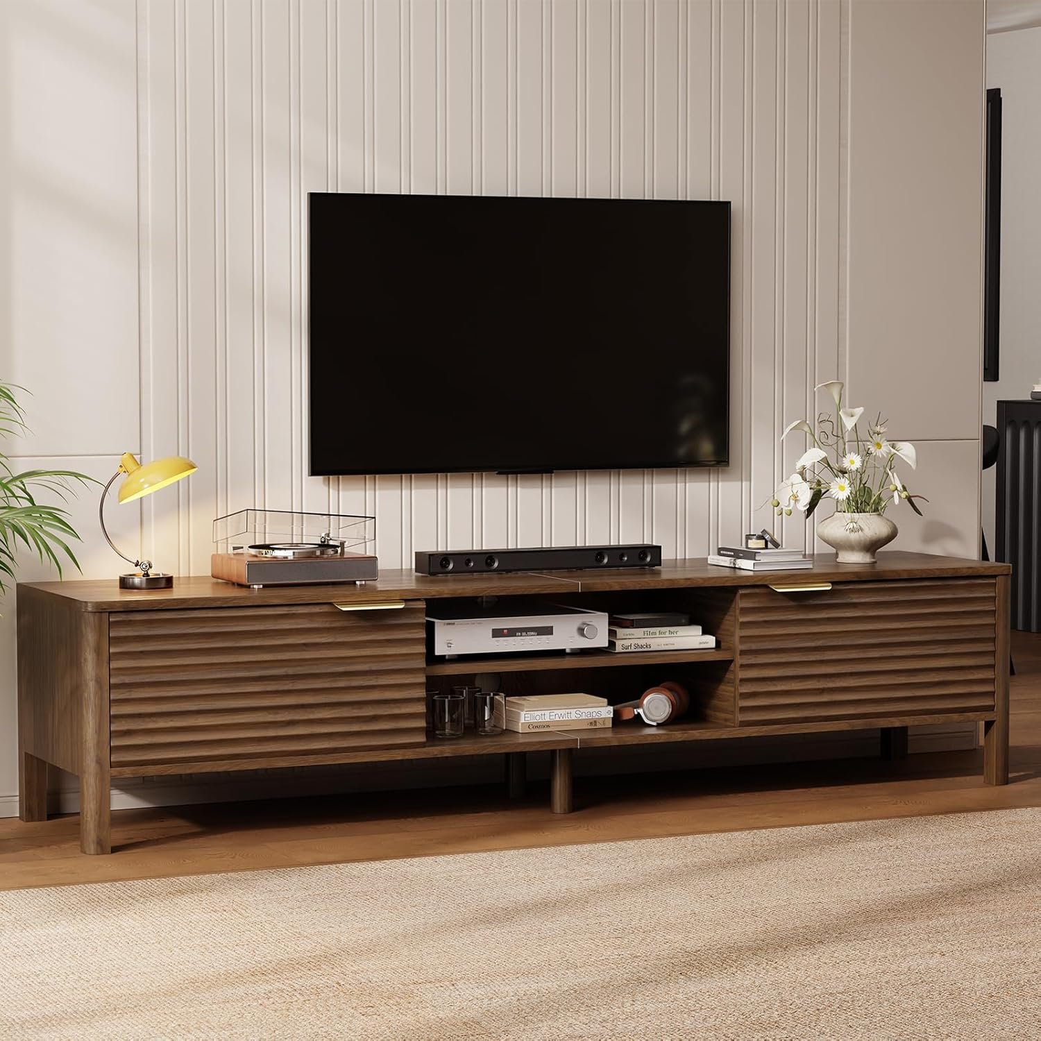 TV Stand for Living Room up to 80 Inch TVs Entertainment Center Walnut 71″ | Mid Century Modern Television Stands with Storage and Adjustable Shelves, Fluted Media Console Table