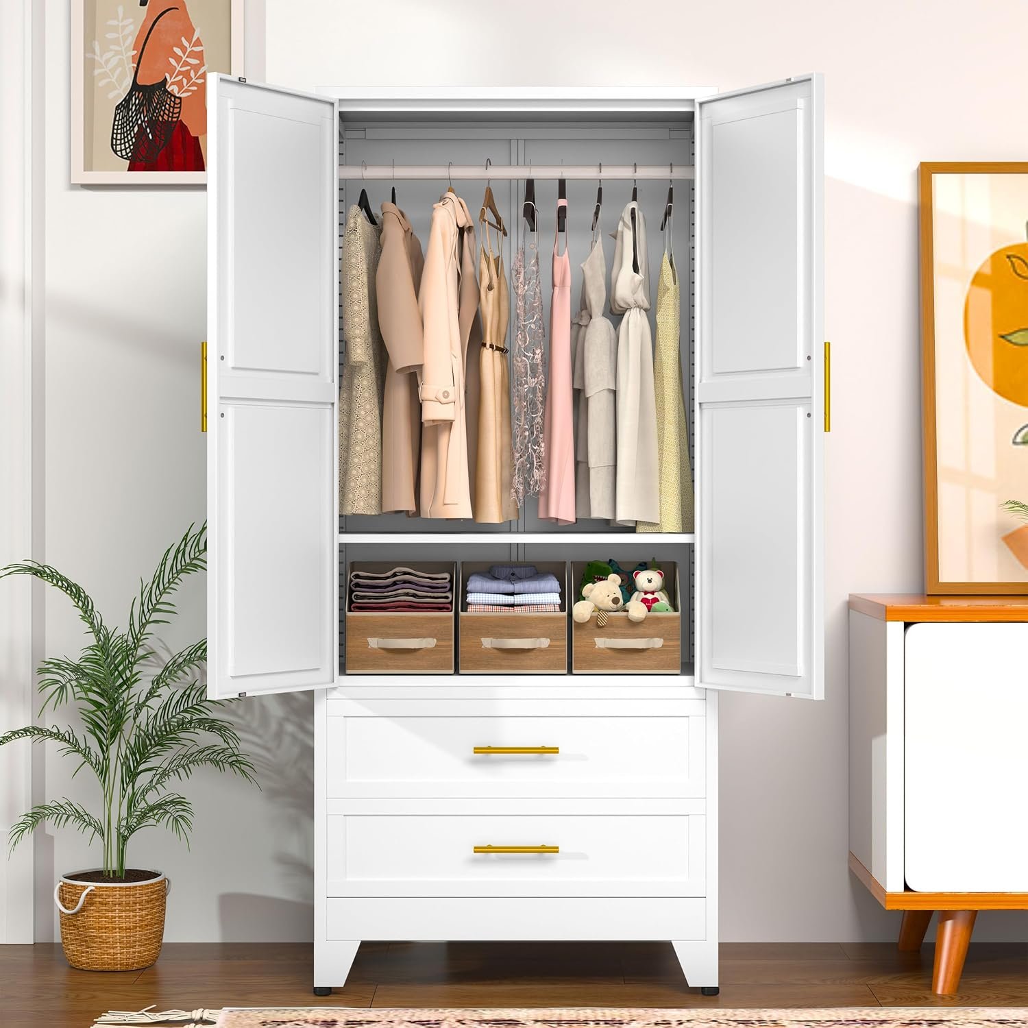 GAIOUS Metal Wardrobe Cabinet with Hanging Rod, Clothing Storage Cabinets | with 2 Door, 1 Adjustable Shelf and 2 Drawers, 71″ Steel Armoire Wardrobe Closet for Bedroom, Gym, Cloak Room (White)
