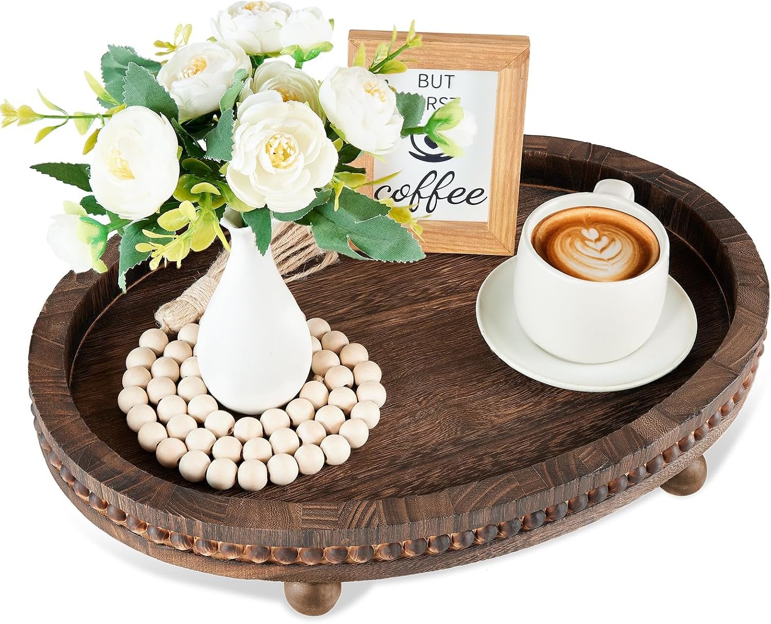 HouseJoy Wooden Decorative Tray for Table: 16×11.8in Wood Beaded Tray | Decor Tray for Coffee Table/Home/Living Room/Bathroom – Serving Tray for Kitchen Dining