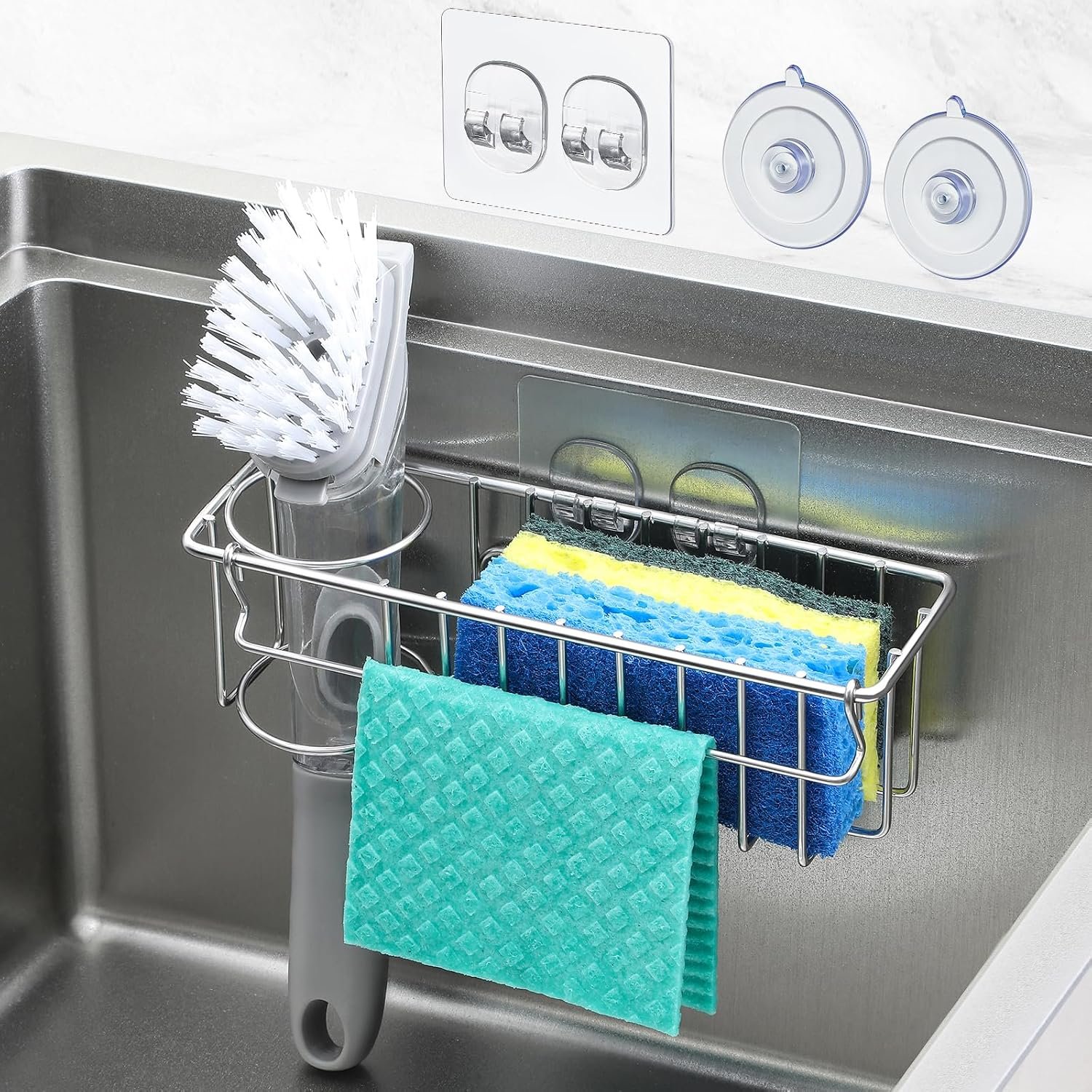 3-In-1 Sponge Holder for Kitchen Sink with Suction Cups & Adhesive Hook , In-sink Sponge Holder, Wall Hanging Sink Caddy Organizer Rack – Sponge, Dish Cloth, Brush, Scrubber – 304 Stainless Steel