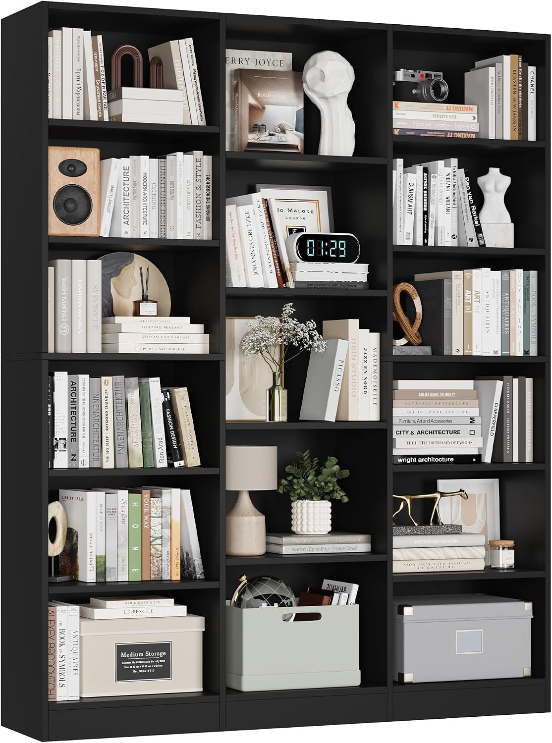 Triple Wide Bookshelf, Large Bookshelf with 17 Display Shelves | 74” Tall Bookcases and Bookshelves, 58.7” Extra Wide Book Shelves, 5/6 Tier Shelves for Living Room, Office, Library, Black