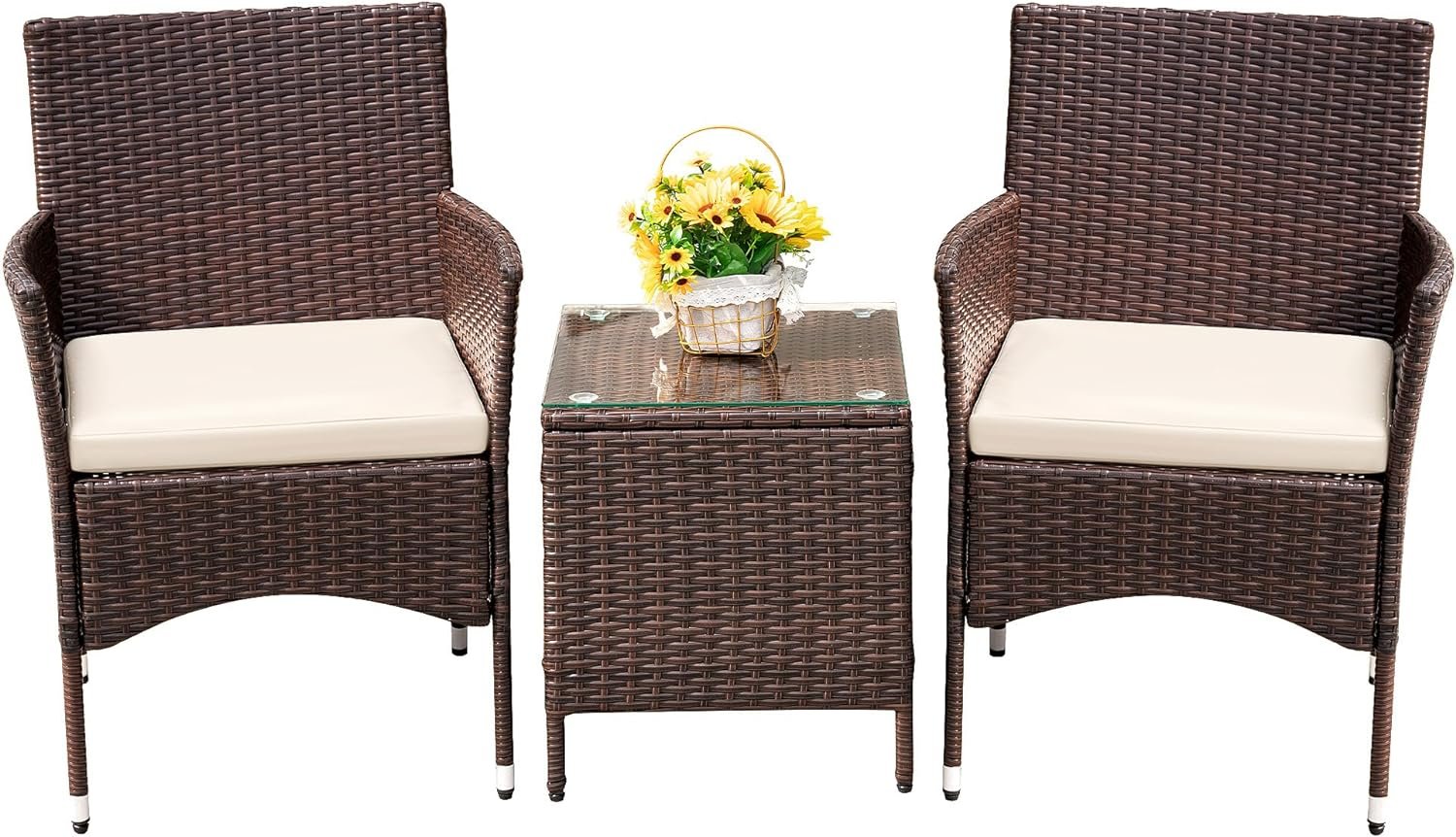 Devoko 3 Piece Patio Furniture Set Outdoor Wicker Conversation (Brown) | PE Rattan Patio Porch Table and Chairs Set of 2 for Balcony Garden and Yard