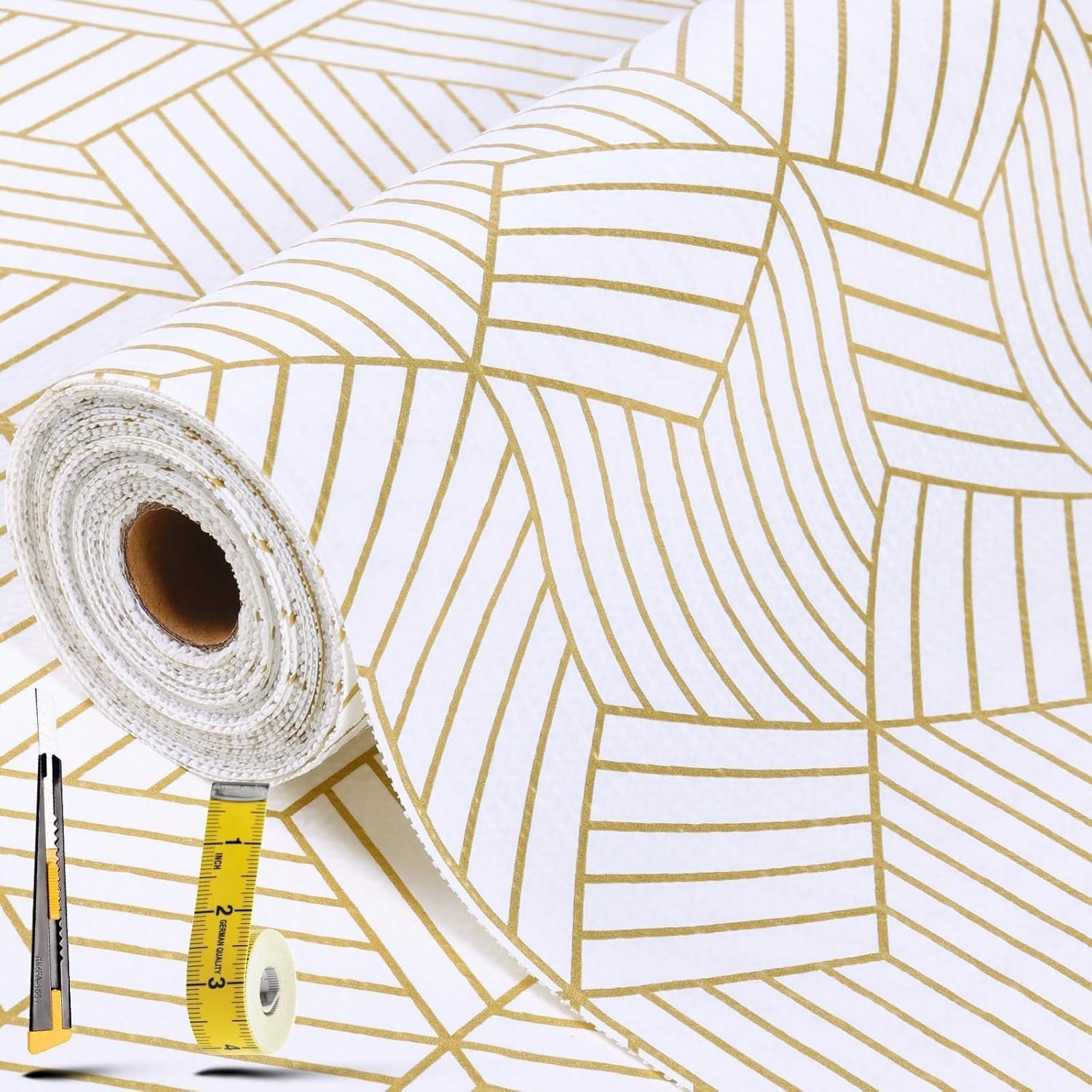 Shelf Liners for Kitchen Cabinets 12in x 20FT, Non Adhesive Cabinet Liner Strong Non-Slip Thickened Gold Geometric Drawer Liner, Easy to Clean for Shelf, Cabinet with Knife and Tape Measure | Strong Non-Slip Thickened Gold Geometric Drawer Liner, Easy to Clean for Shelf, Cabinet with Knife and Tape Measure