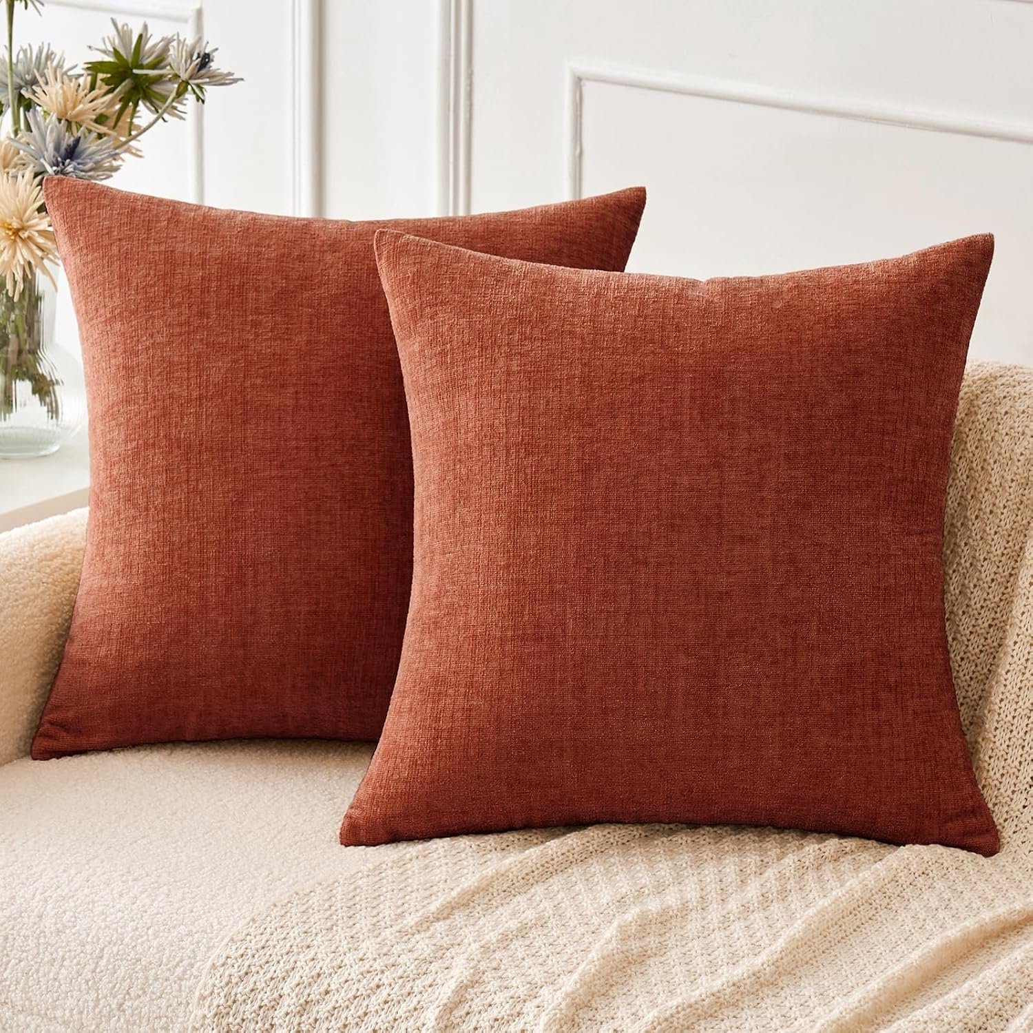 MIULEE Soft Chenille Fall Throw Pillow Covers Burnt Orange 18×18 Pack of 2 | Modern Fall Home Decor, Classic Decorative Pillows, Solid Dyed Cases, Boho Couch Cushion Covers for Sofa Bed Living Room