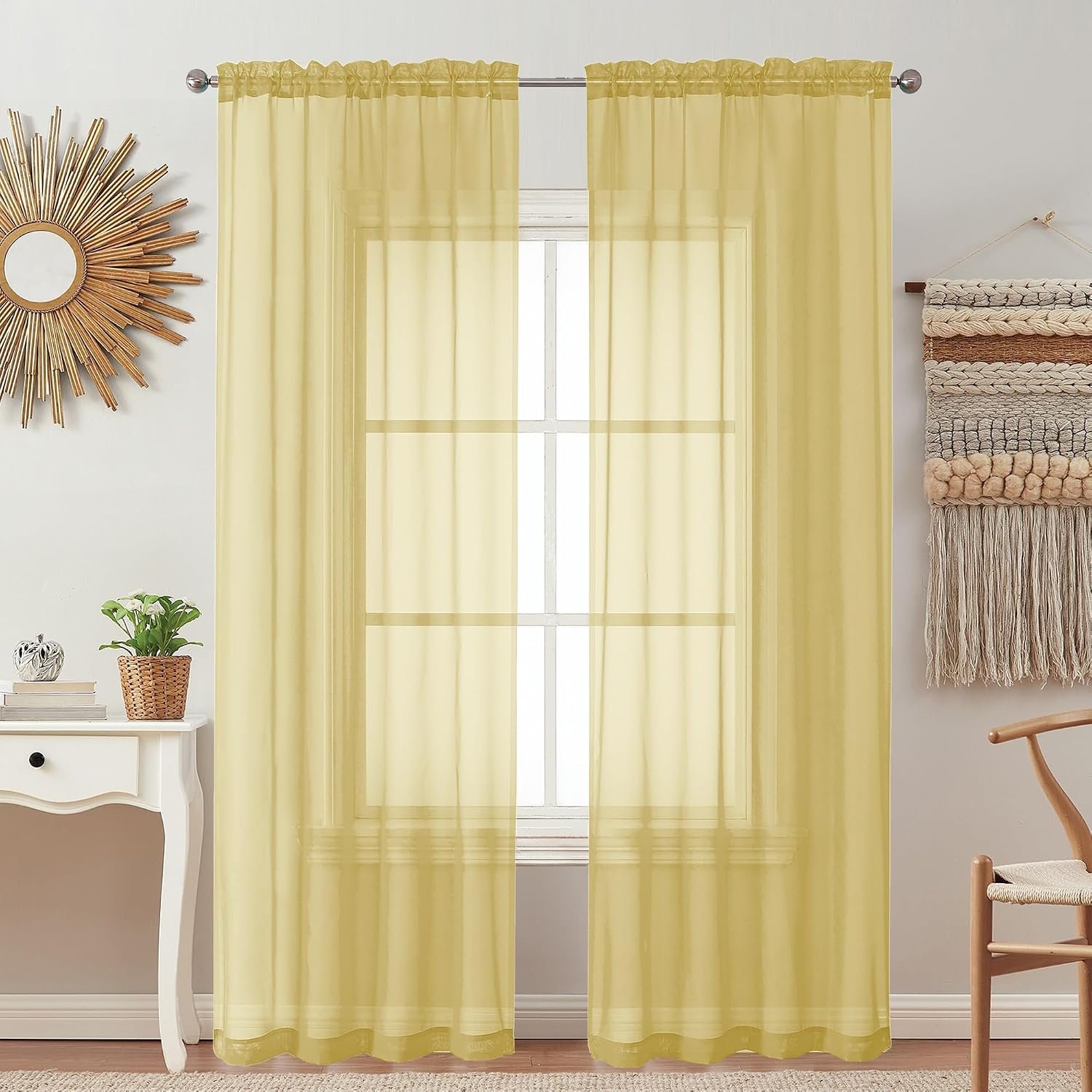 2 Pack: Basic Mustard Yellow Sheer Curtain 84 Inches Long for Bedroom, Airy Light Filtering Voile Drapes for Living Room, Each 42W x 84L