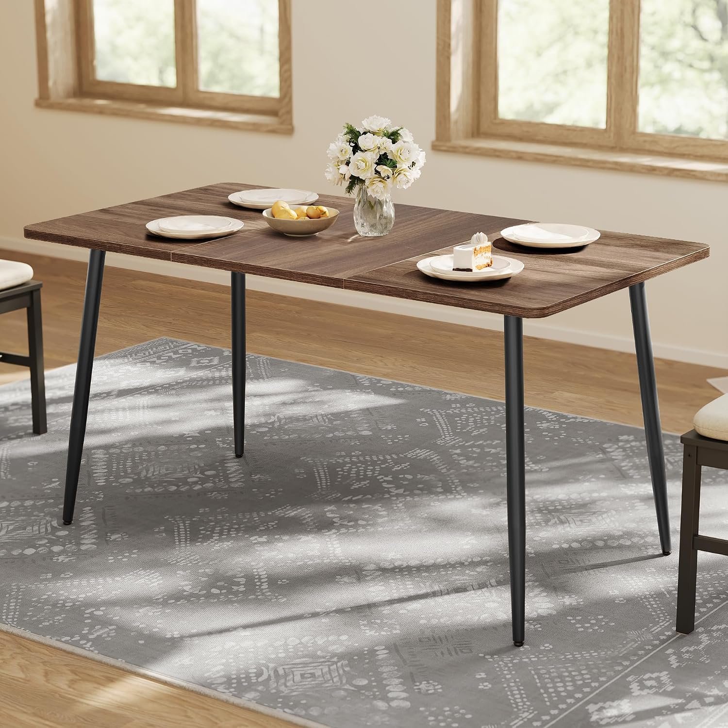 VASAGLE 55.1″ Dining Table for 4-6 People, Modern Kitchen Table | Heat-Resistant Tabletop, Quick Assembly, for Dining Room, Natural Walnut and Ink Black, Island Collection