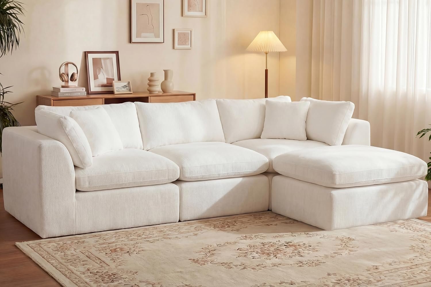 GRUSIGN 110” Oversized Boneless Cloud Couch for Living Room, Modern Big Sectional Compressed L Shape Couch with Ottoman, Comfy Chenille Deep Seat Memory Foam Spineless 4 Seater Sofa, Beige