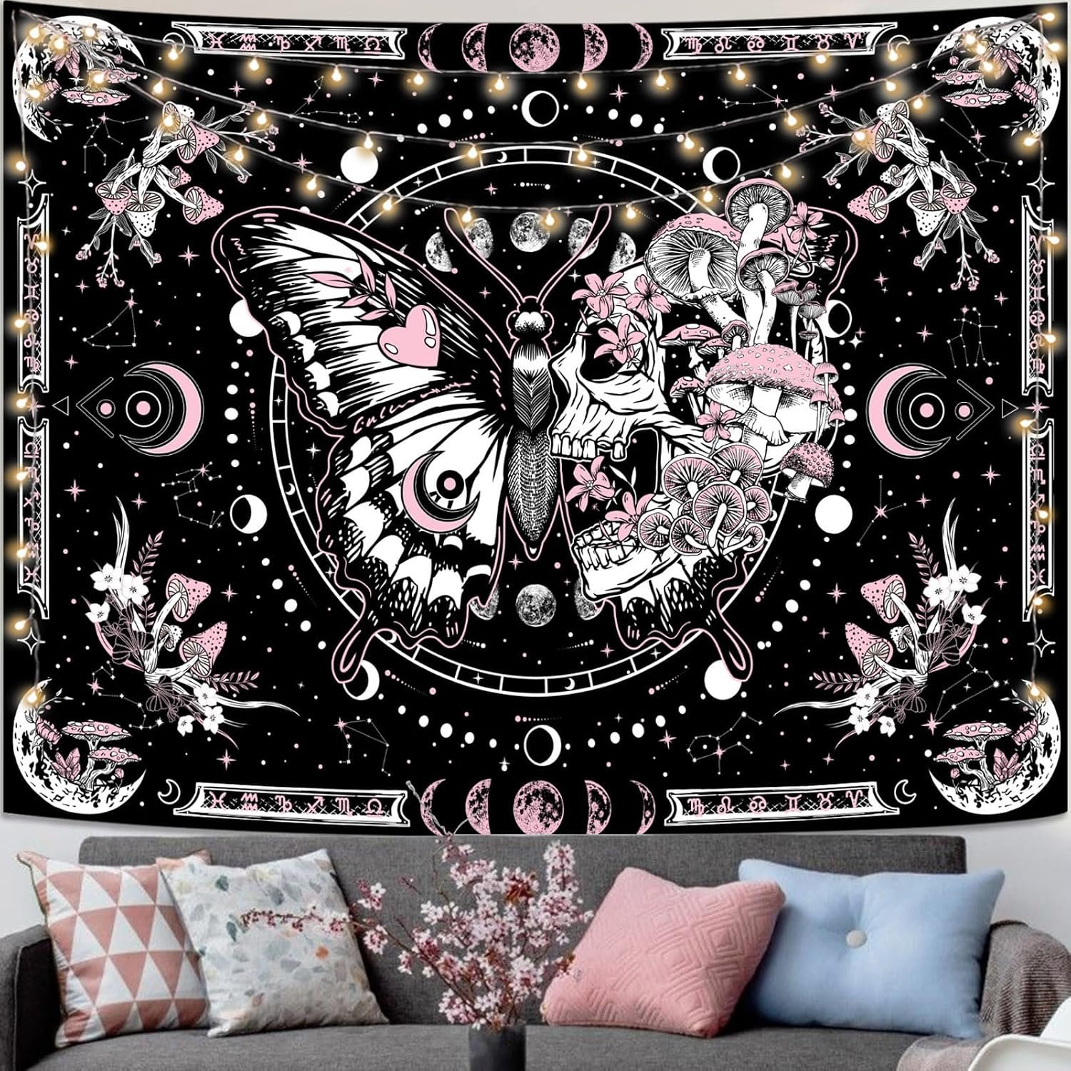Fungarth Skeleton Butterfly Tapestry Pink Skull Hippie Mushroom Plants Tapestry for Bedroom Moon phase Aesthetic Tapestries Wall Hanging for Living Room Dorm (Pink, 48” x 36”)