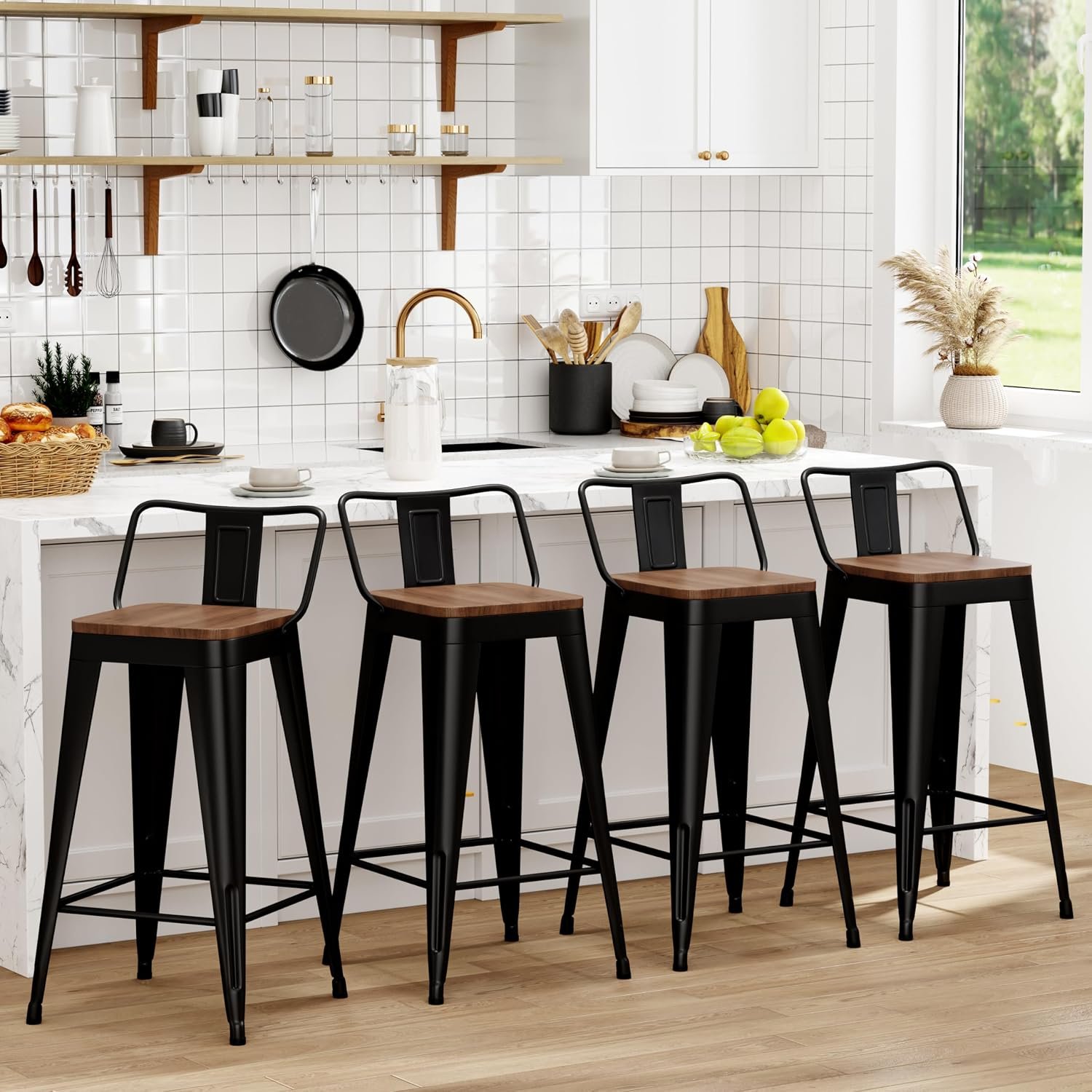 WENTMENT Metal Bar Stools Set of 4 Counter Height Barstools with Removable Back 24″ Kitchen Bar Stools with Wooden Seat, Black