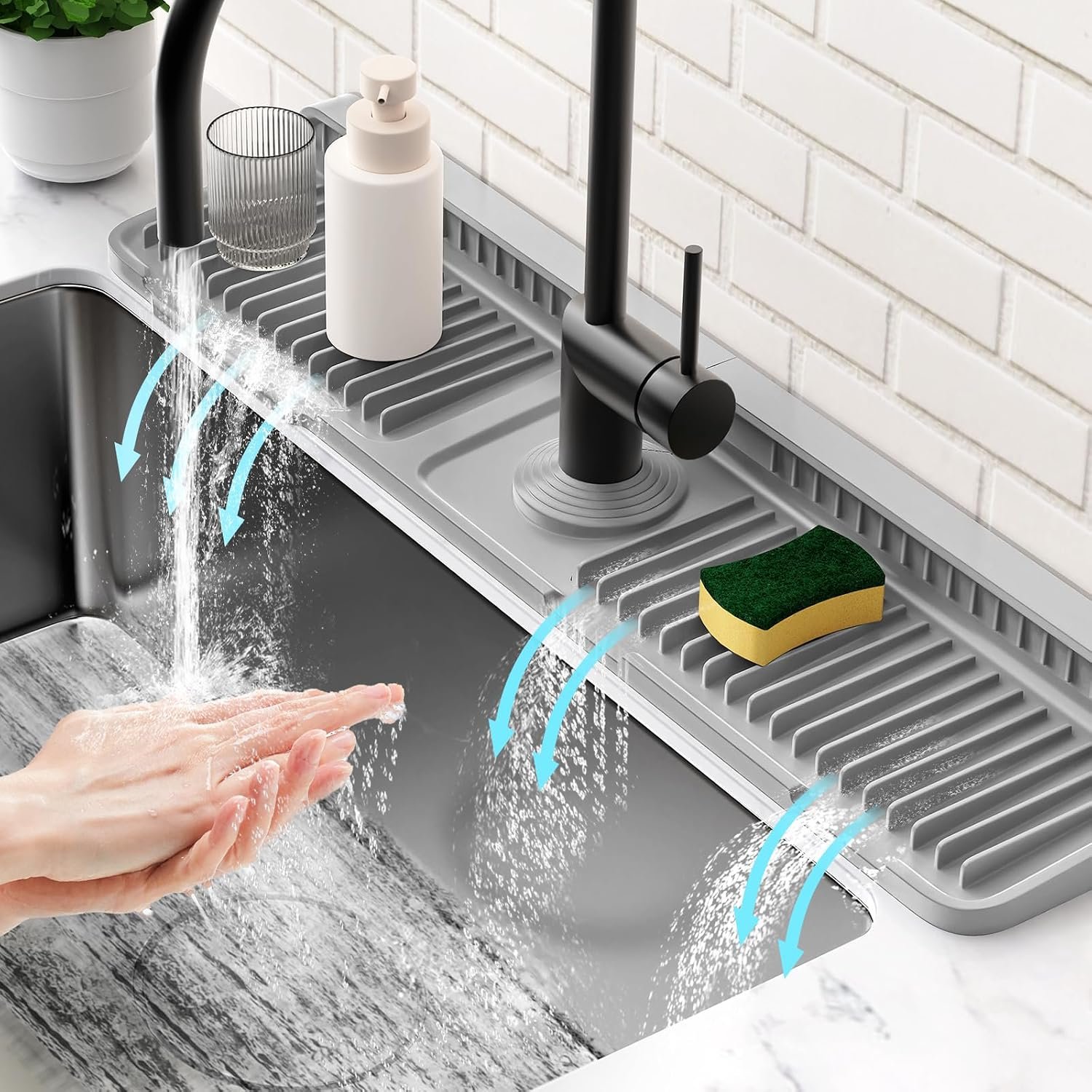 24” Longer Faucet Mat for Kitchen Sink Splash Guard[7° Slope Fast Self-draining][Snap Lock Fit]Kitchen Sink Faucet Mat Splash Guard Kitchen Sink Area Water Splash Guard Behind Faucet Draining Mat