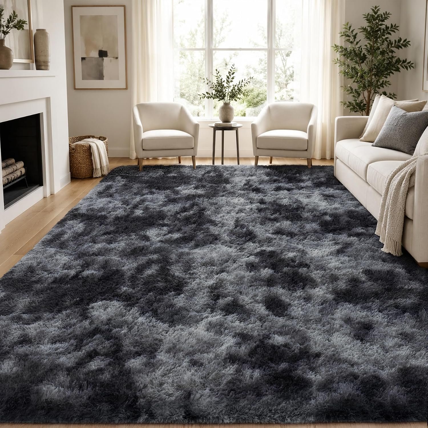 PLHXFR 8×10 Area Rugs Living Room: Fluffy Bedroom Soft Shag Rug Black Grey | Upgrade Non-Slip High Pile Carpet Fuzzy Plush Indoor Floor Decor Shaggy Rugs for Kid Boys Girls Playroom Nursery Modern Home