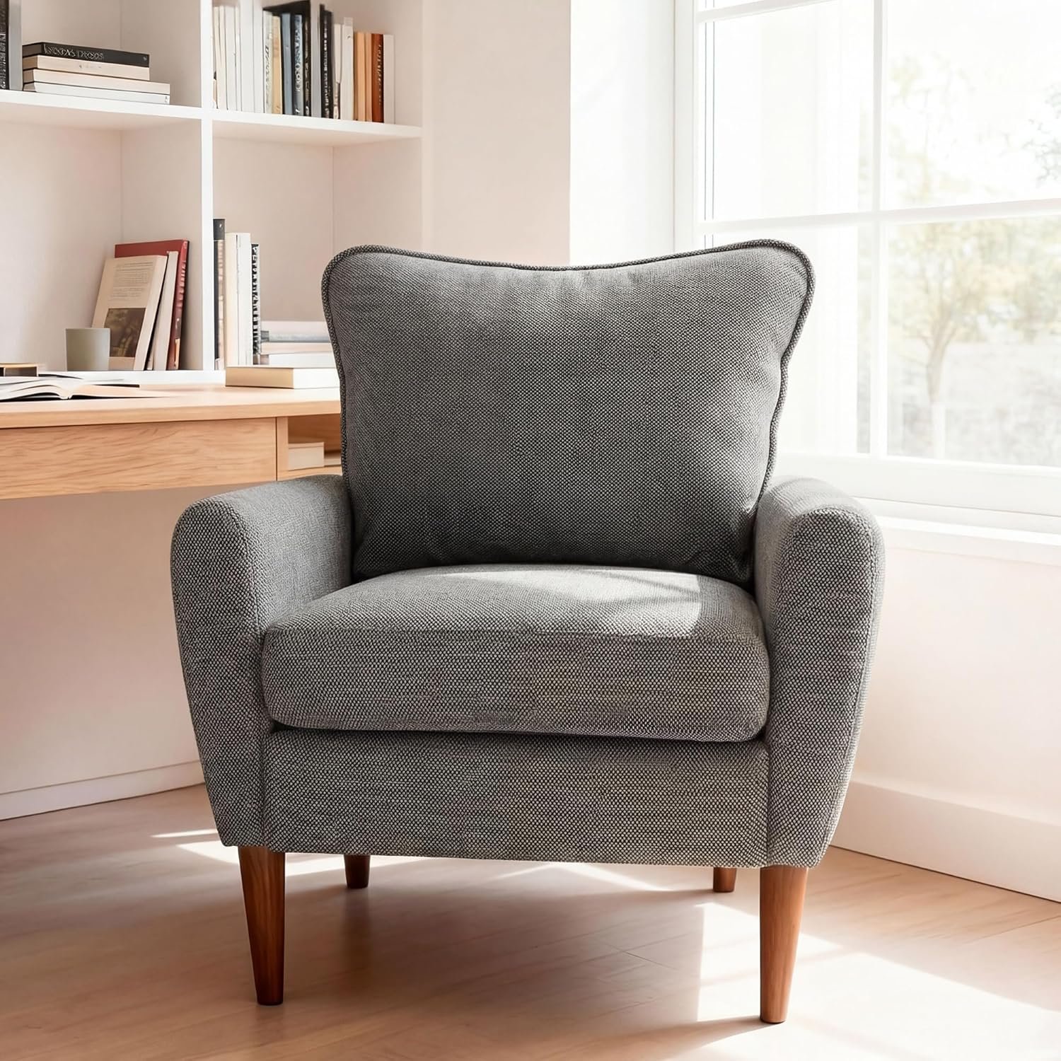 OLIXIS Comfy Accent Chair for Living Room Bedroom and Waiting Room | Upholstered Mid-Century Reading Chair with Pillow and Solid Wood Legs, Wide Singe Modern Lounge Sofa, Gray