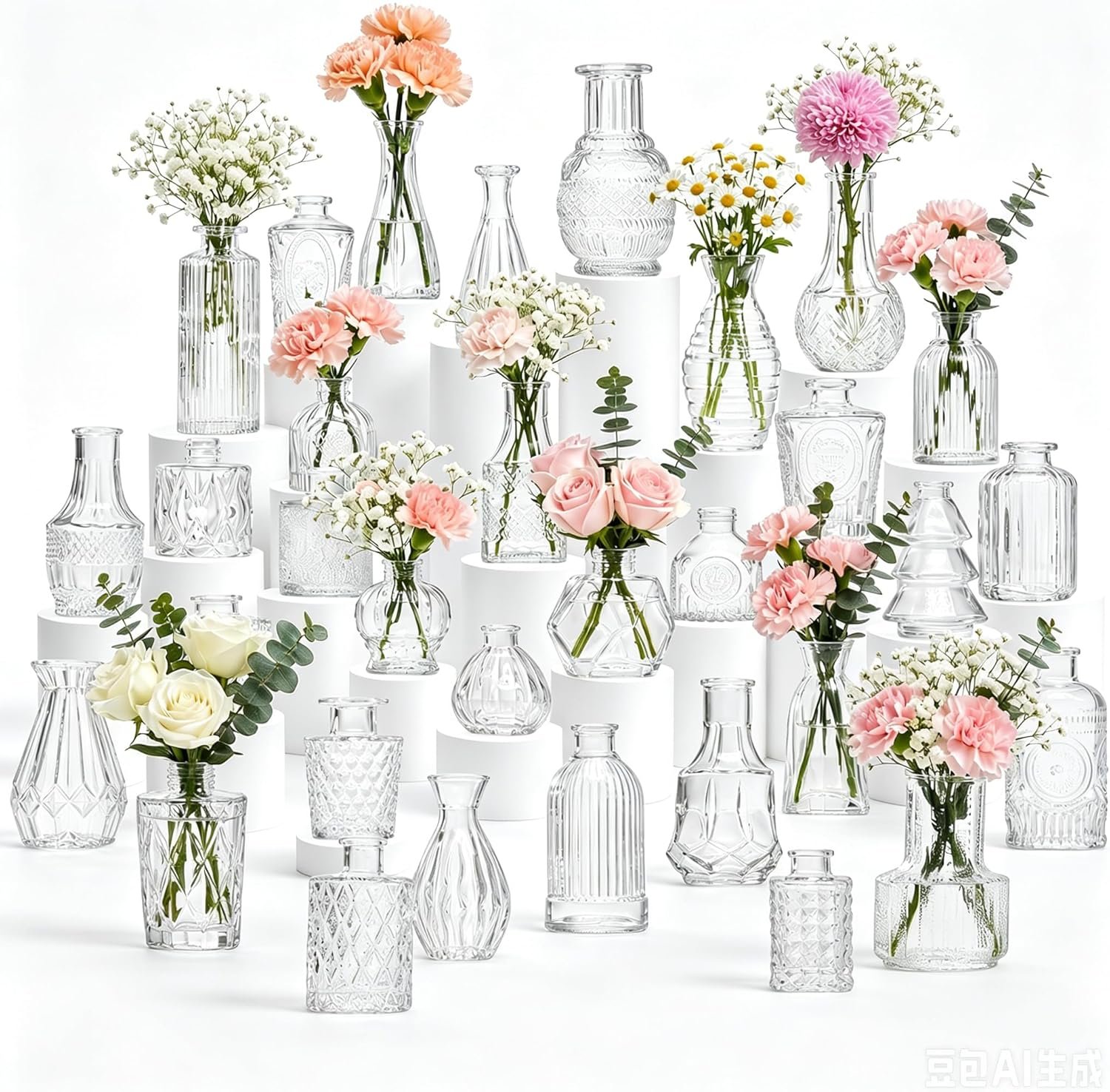 32 Pcs Clear Glass Bud Vases in Bulk, Small Vintage Bud Vase Set for Flowers, Mini Glass Vases for Wedding Centerpieces, Baby Shower, Table Decorations, Event Decor, 3.1″-5.1″