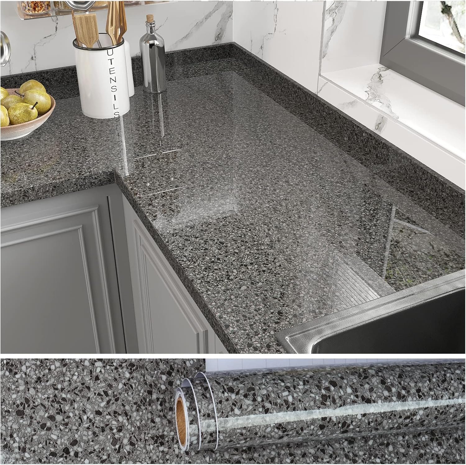 VEELIKE 15.7”x 118” Granite Contact Paper for Kitchen Countertops Waterproof Marble Contact Paper Peel and Stick for Bathroom Counter Top Self Adhesive Vinyl