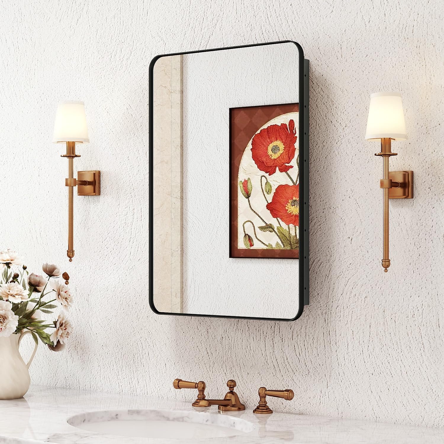 16×24 in Medicine Cabinet with Mirror for Bathroom, Matte Black | Fully Assembled; Recessed or Surface Wall Mount; Metal Cabinet with Tempered Glass Mirror and Two Adjustable Glass Shelves
