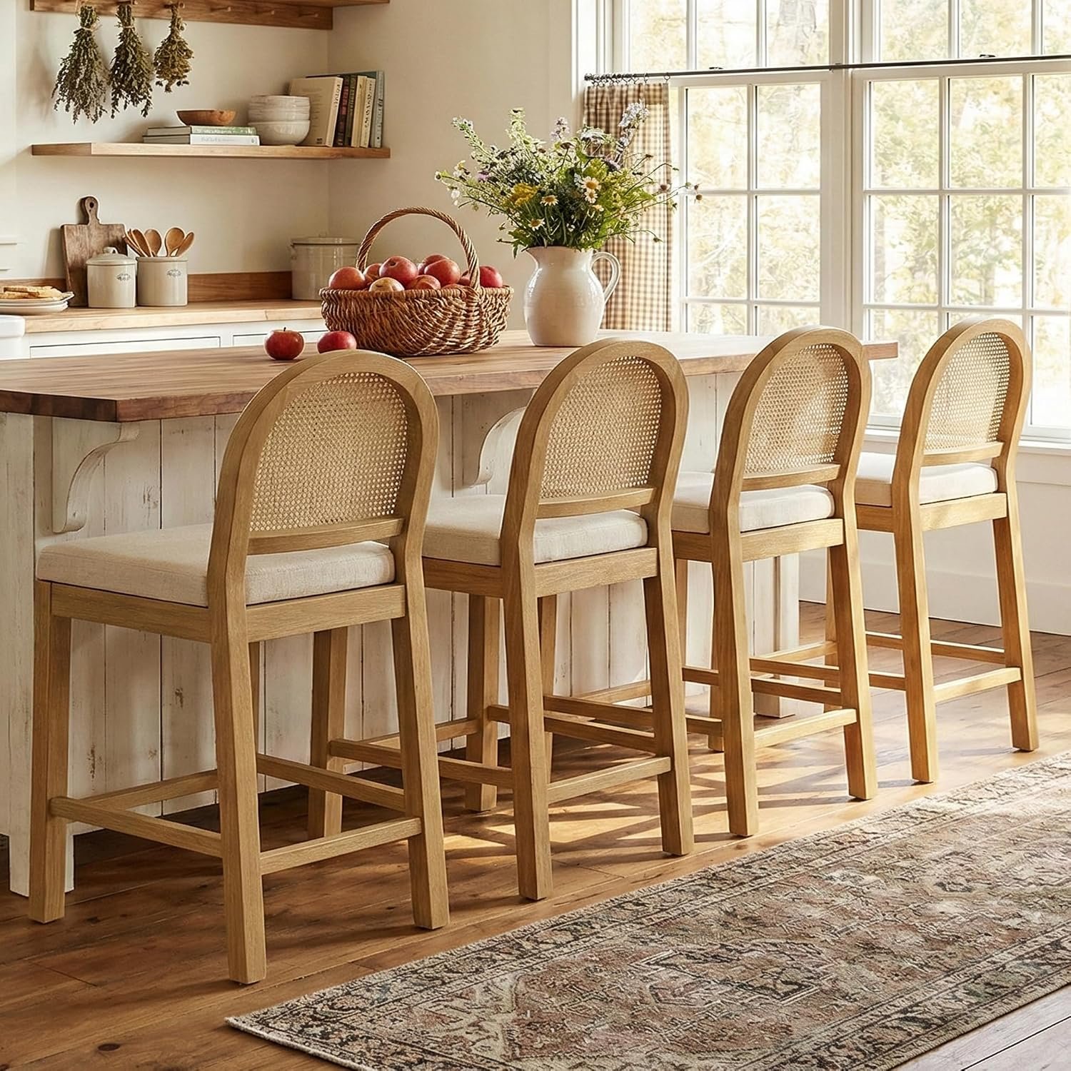 Upholstered Wooden Rattan Bar Stools Set of 4, Island Chairs (Cream White) | STHOUYN, Counter Height, Solid Wood, Rattan Woven Back, Chenille Fabric Seat, Mid-Century Modern, Kitchen