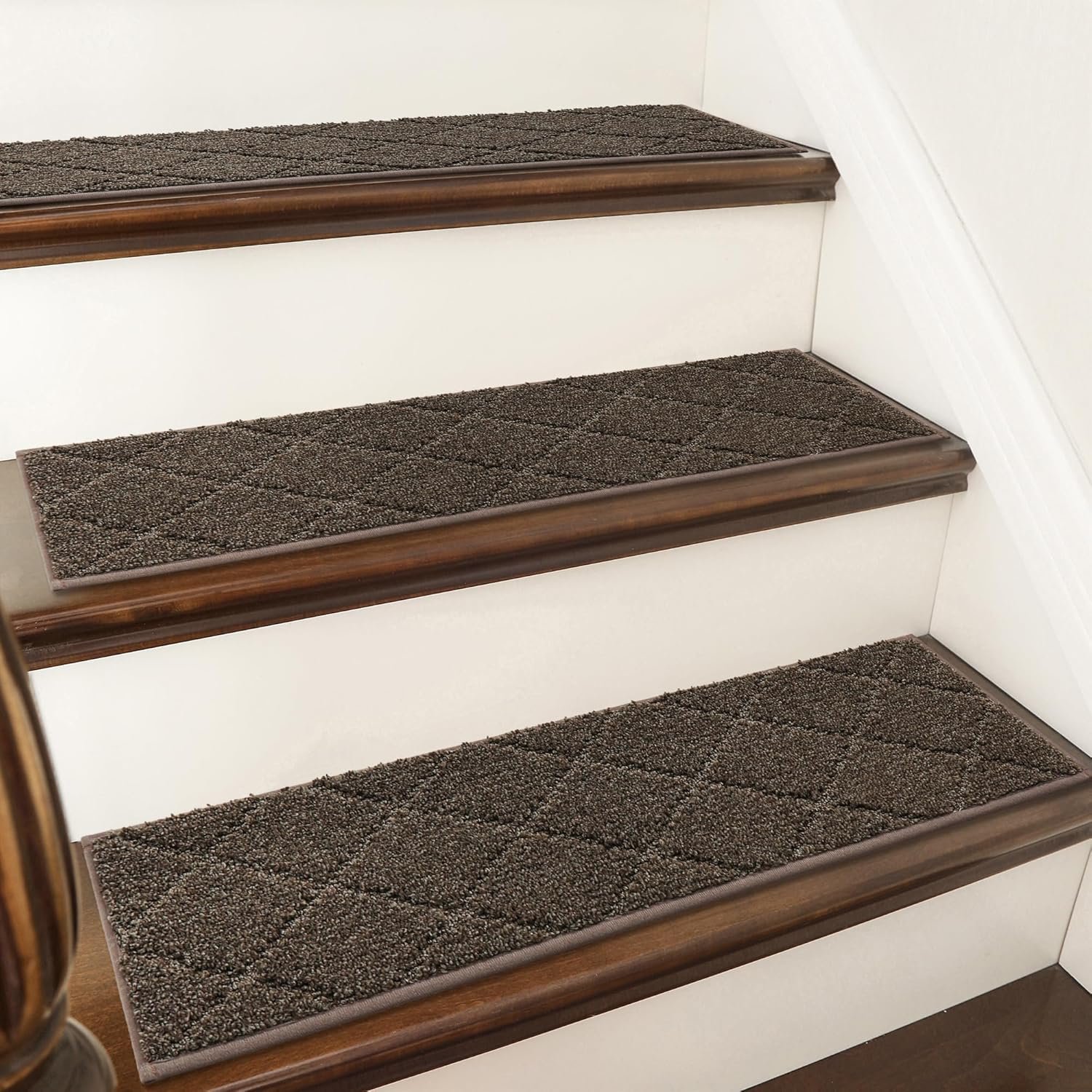 COSY HOMEER Edging Stair Treads Non-Slip Carpet Mat 28inX9in,15pc,Brown | Indoor Stair Runner for Wooden Steps,Washable Adhesive Stairs Rugs for Kid,Elder,Dog,Polyester Carpet Stair Treads,TPE Back