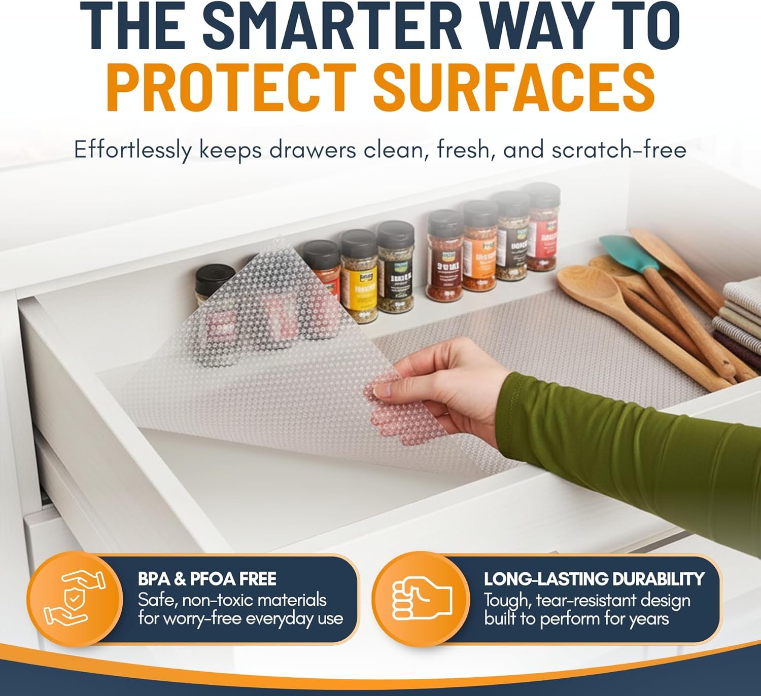 Shelf Liner Drawer Liner for Kitchen Cabinets Non-Adhesive by Linda’s Essentials (12 x 240 Inches) – Non-Slip Easy Clean Kitchen Cabinet and Cupboard Protector, Waterproof Mat, Clear Roll