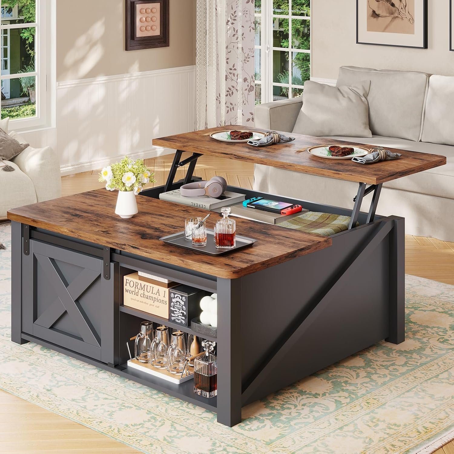 SEDETA 31.5″ Lift Top Coffee Table with Storage, Square Coffee Tables for Living Room, Farmhouse Coffee Table with Large Hidden Storage Compartment and Adjustable Shelves, Black