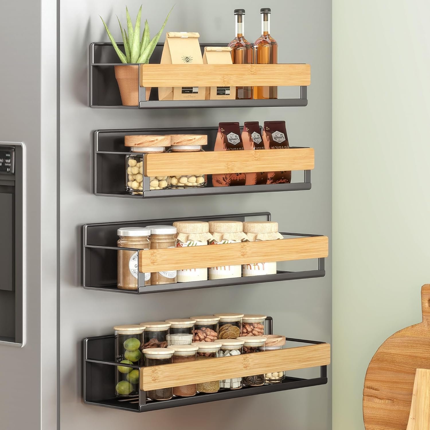 SONGMICS 4-Pack Strong Magnetic Real Bamboo Spice Racks for Fridge | Kitchen Organizer Shelf, 11.8 x 4.1 x 3 / 10.6 x 3.6 x 3 in, Ink Black and Light Bamboo, BYSTRO Collection, UKCS062BH01