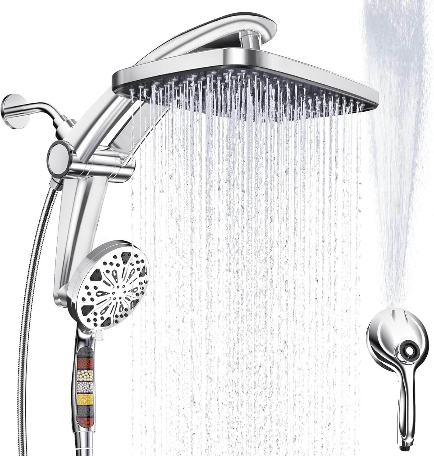 Rain Shower Head with filtered Handheld High Pressure rainfall Shower Heads with Handheld Spray Combo Adjustable one-piece stand daul shower head Built-in Magnetic Docking and Power Jets | Dual shower heads; one-piece bracket adjusts height and angle; 9 settings: 8 sprays + 1 Power Jet for cleaning; easy install