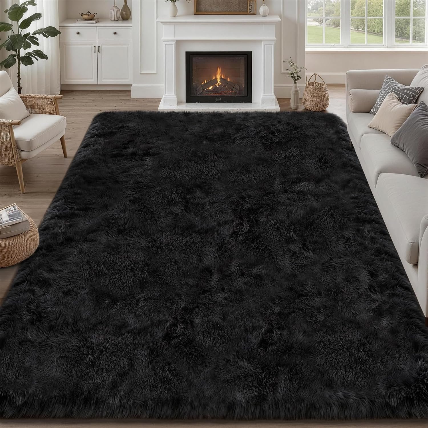 8×10 Area Rug Living Room Bedroom: Fluffy Plush Shag Carpet Black | For Kids Room Playroom Nursery Home Decor,Ultra Soft,Non-Slip Non-Shedding,Fuzzy Plush,Large Indoor Floor Carpet,Easy Clean